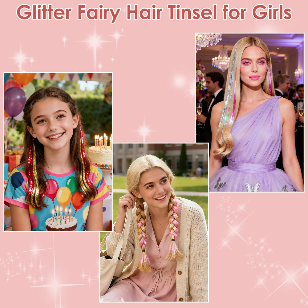 Revahope rainbow finish tinsel adds festive shimmer to any hairstyle.