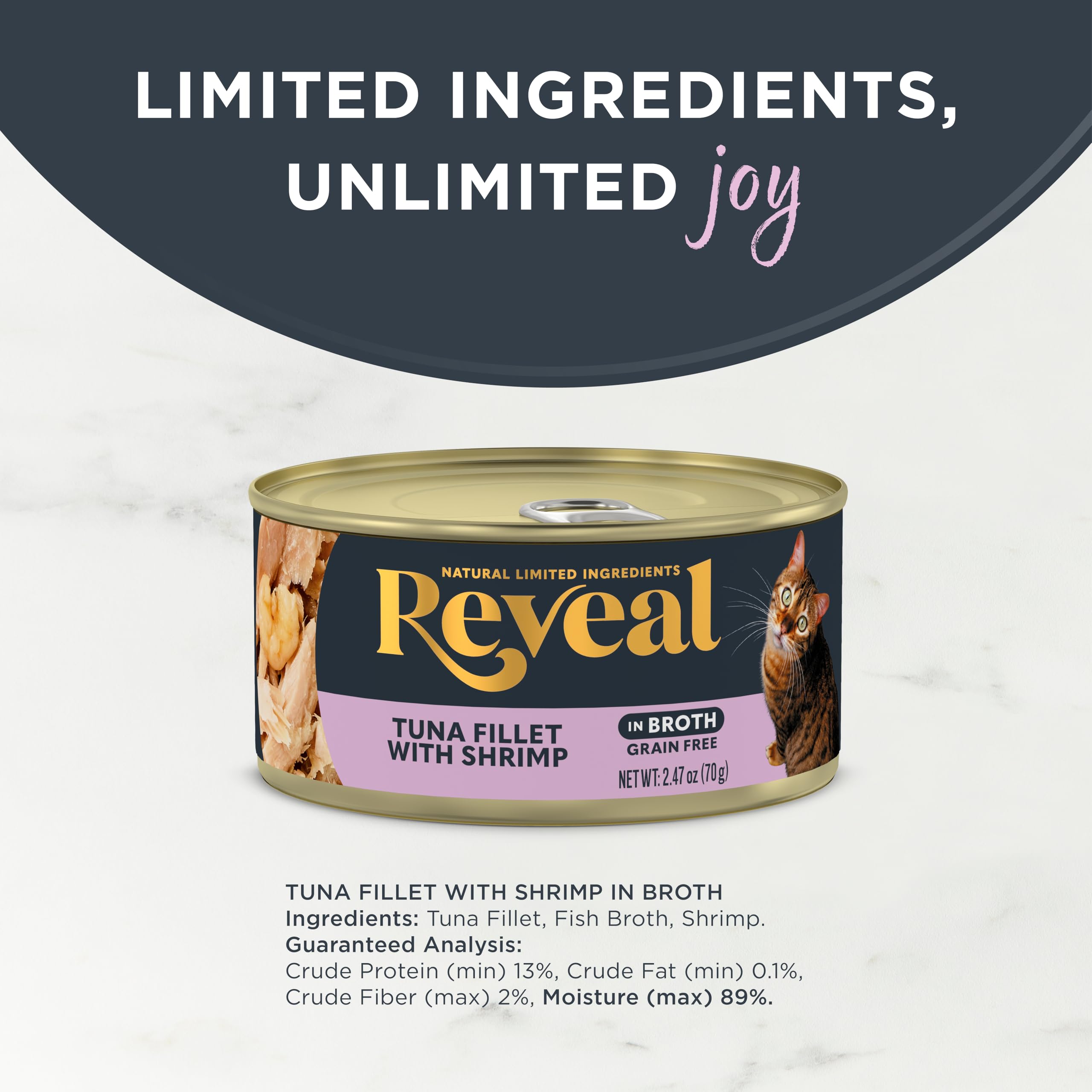 Reveal ingredient closeup shows 100% natural protein and simple components