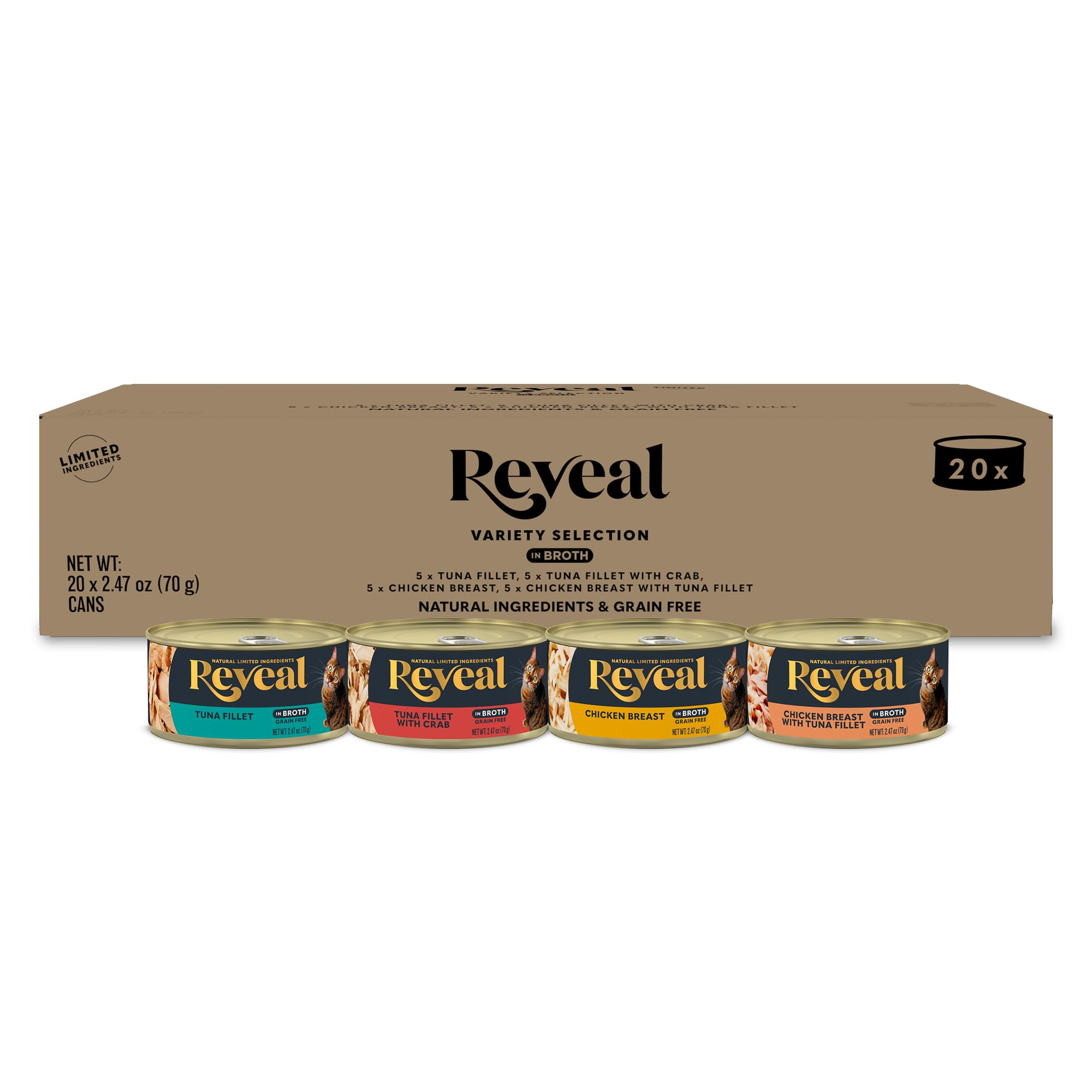 Reveal natural wet cat food variety pack cans for convenient meals.