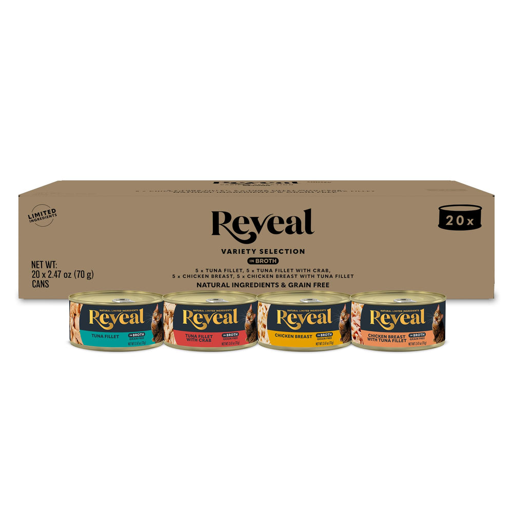 Reveal natural wet cat food variety pack cans for convenient meals.