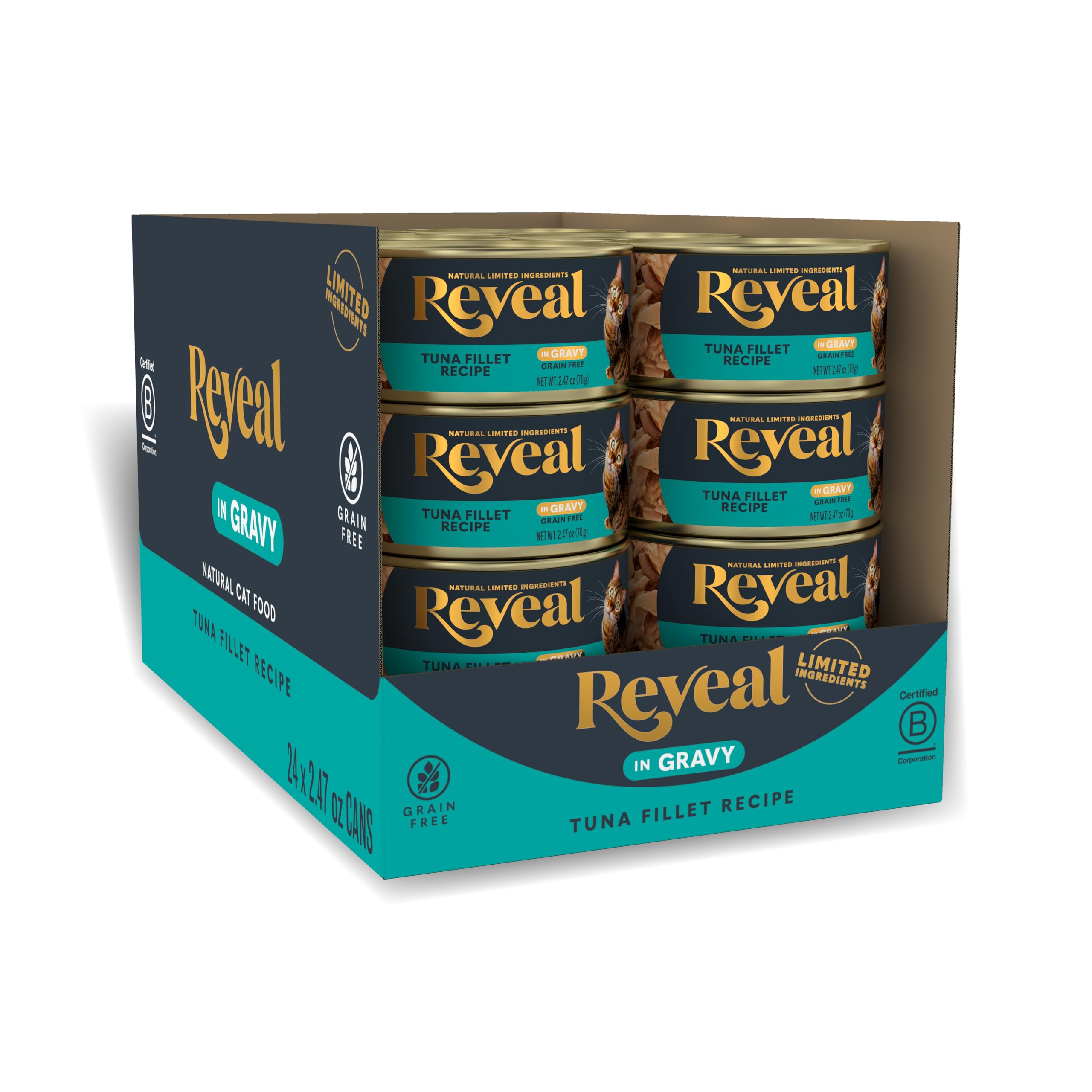 Reveal tuna in gravy canned cat food with real protein and hydrating broth.