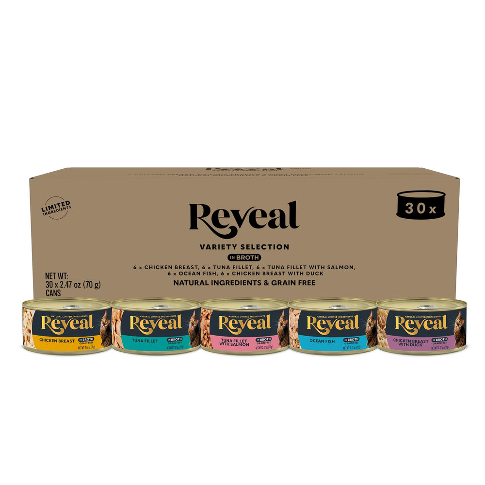 Reveal Wet Cat Food cans lineup highlights protein-rich meals for healthy felines.