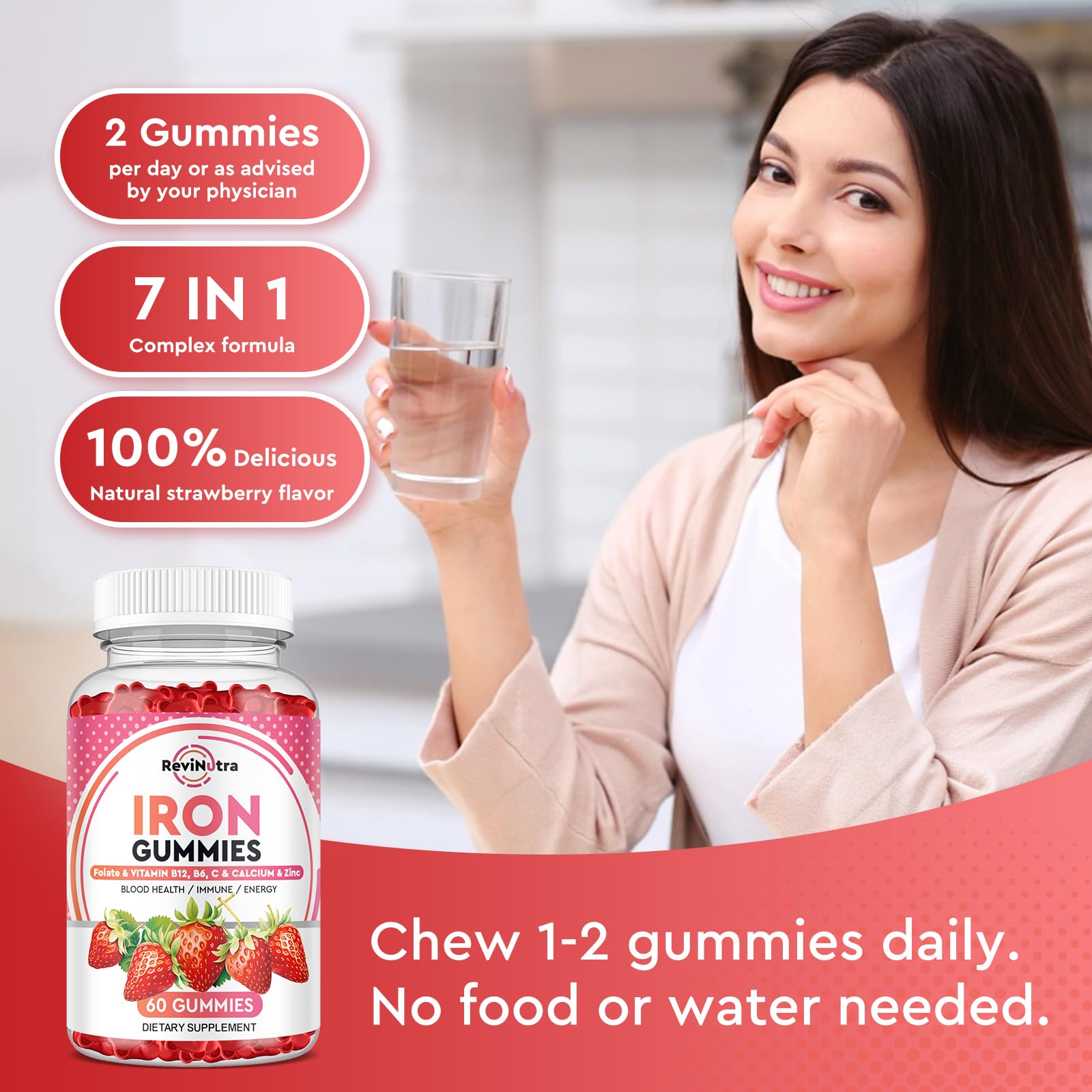 ReviNutra Iron Gummies close-up texture emphasizes tasty, easy-to-chew supplement.