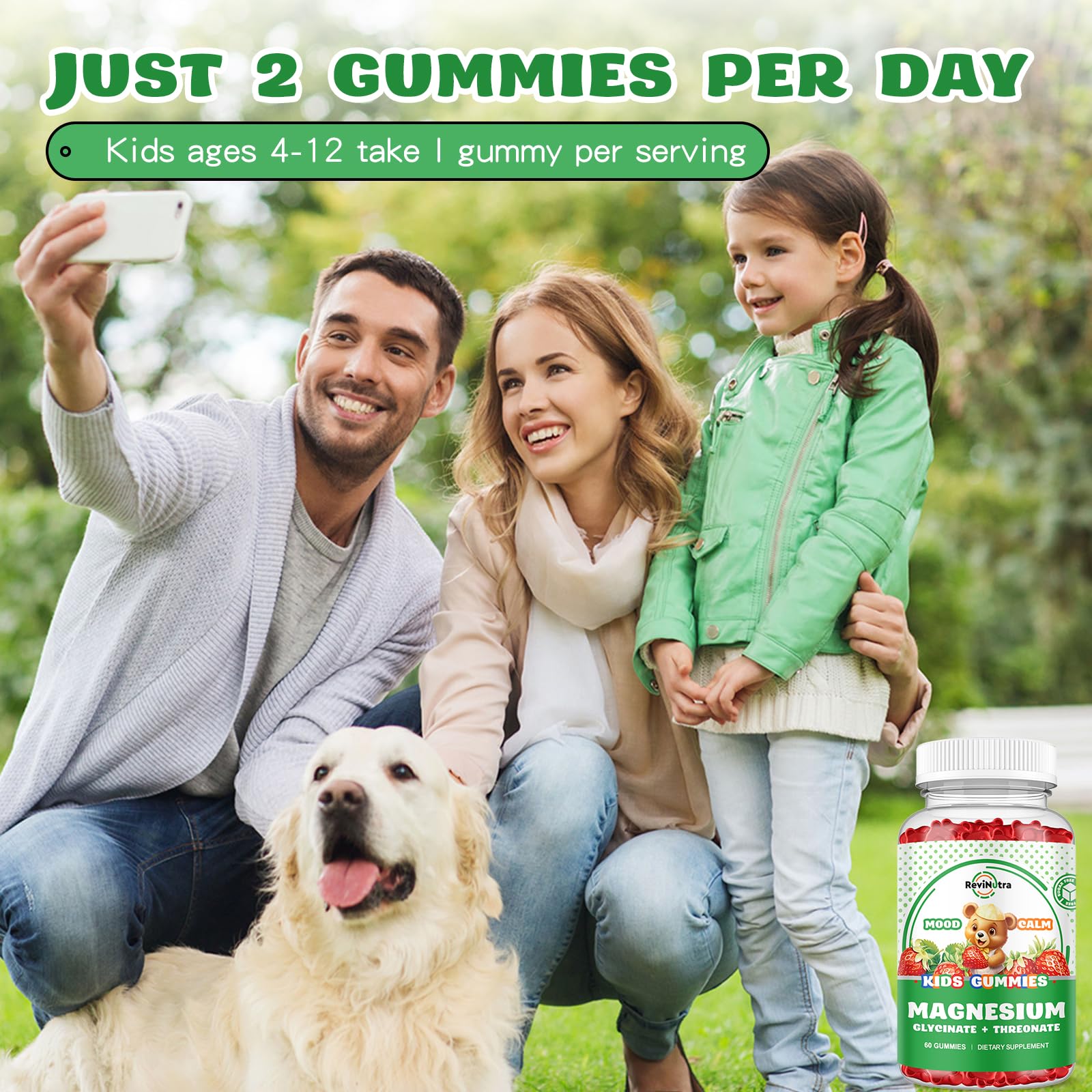 ReviNutra Magnesium Complex Gummies closeup demonstrates easy, non-pill use.