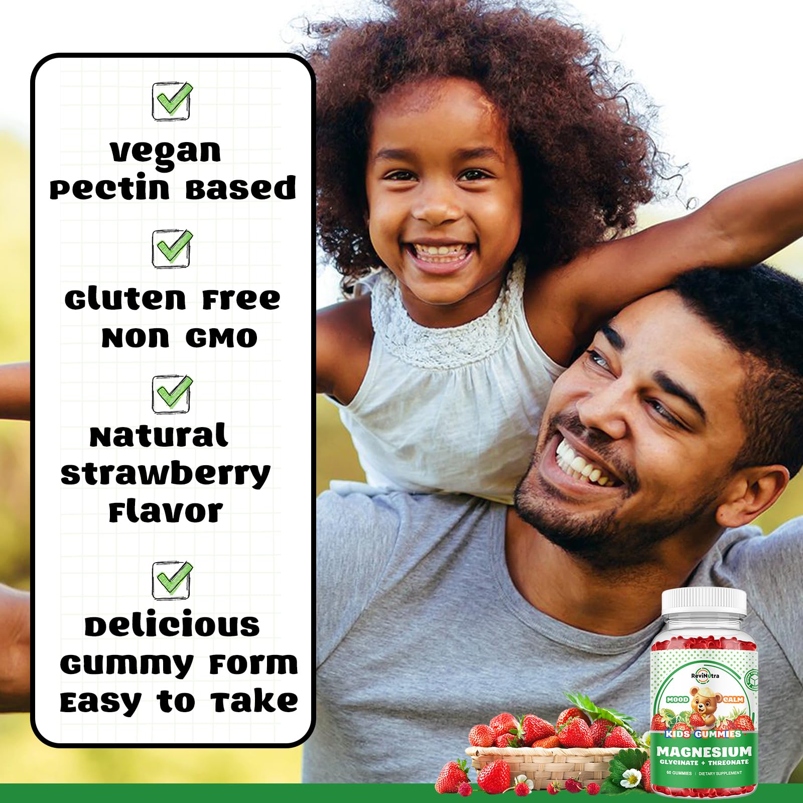 ReviNutra Magnesium Complex Gummies family-use scene conveys ease for kids and adults.