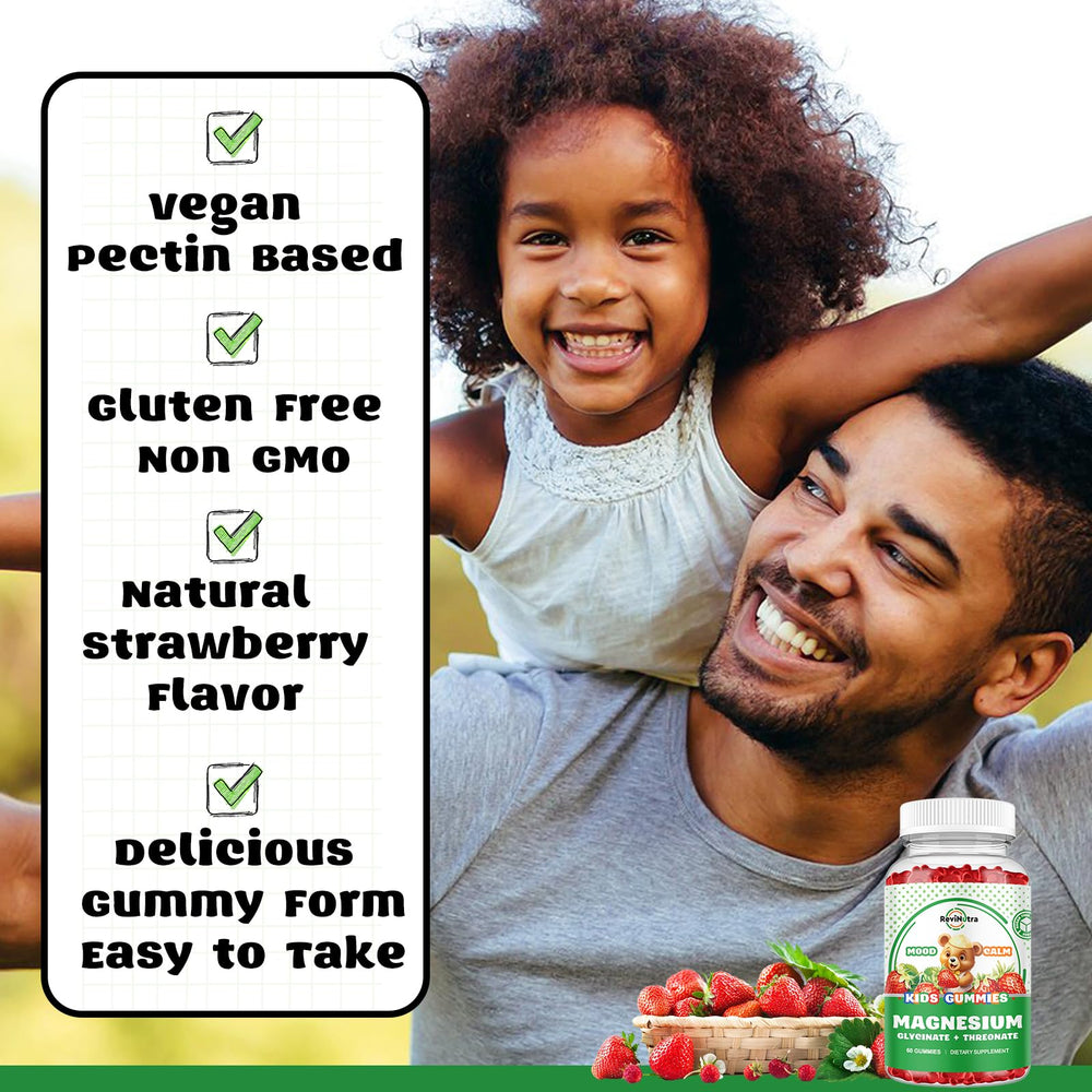 ReviNutra Magnesium Complex Gummies family-use scene conveys ease for kids and adults.