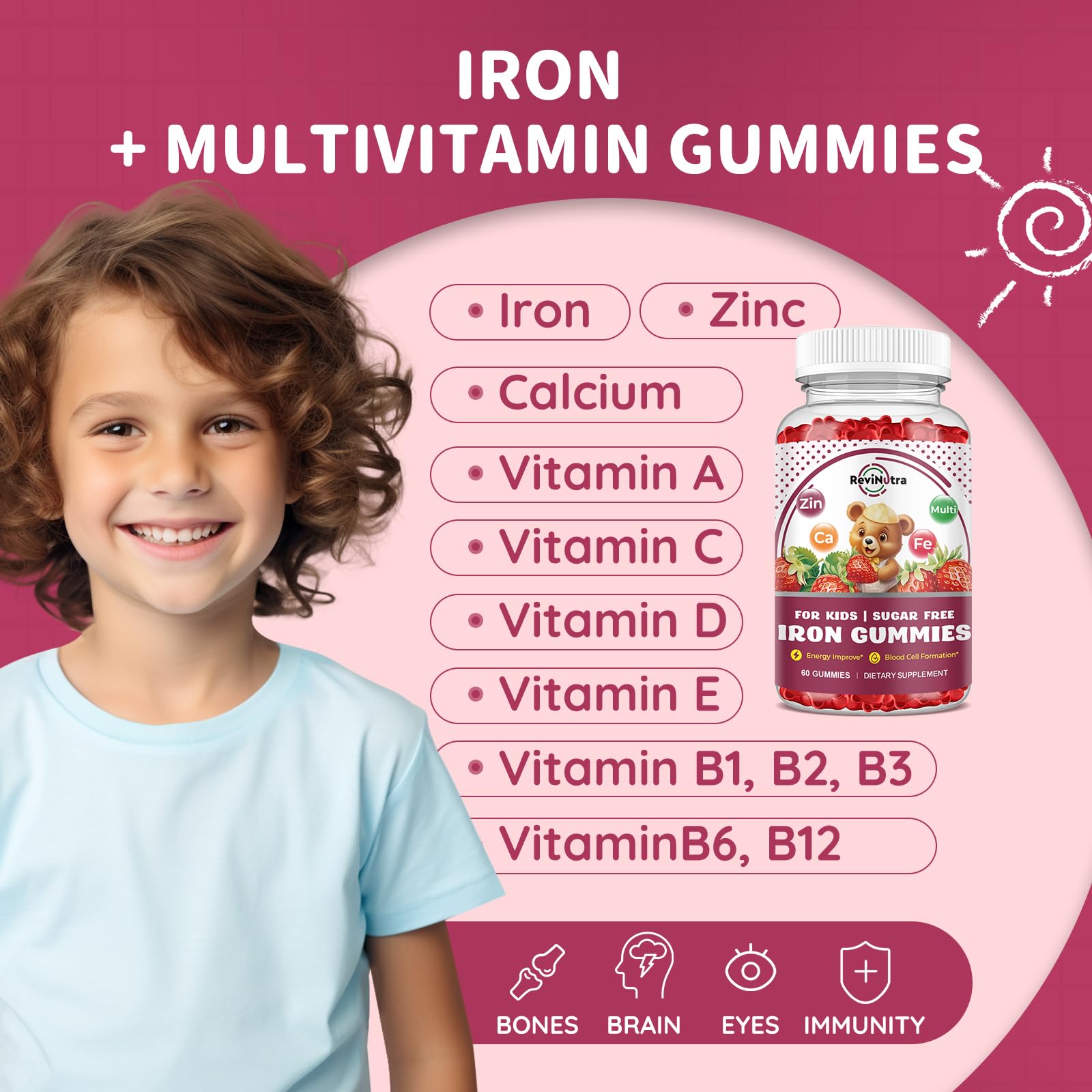 ReviNutra iron gummies kids closeup highlights chewy texture and flavor.