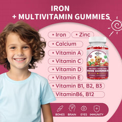 ReviNutra iron gummies kids closeup highlights chewy texture and flavor.