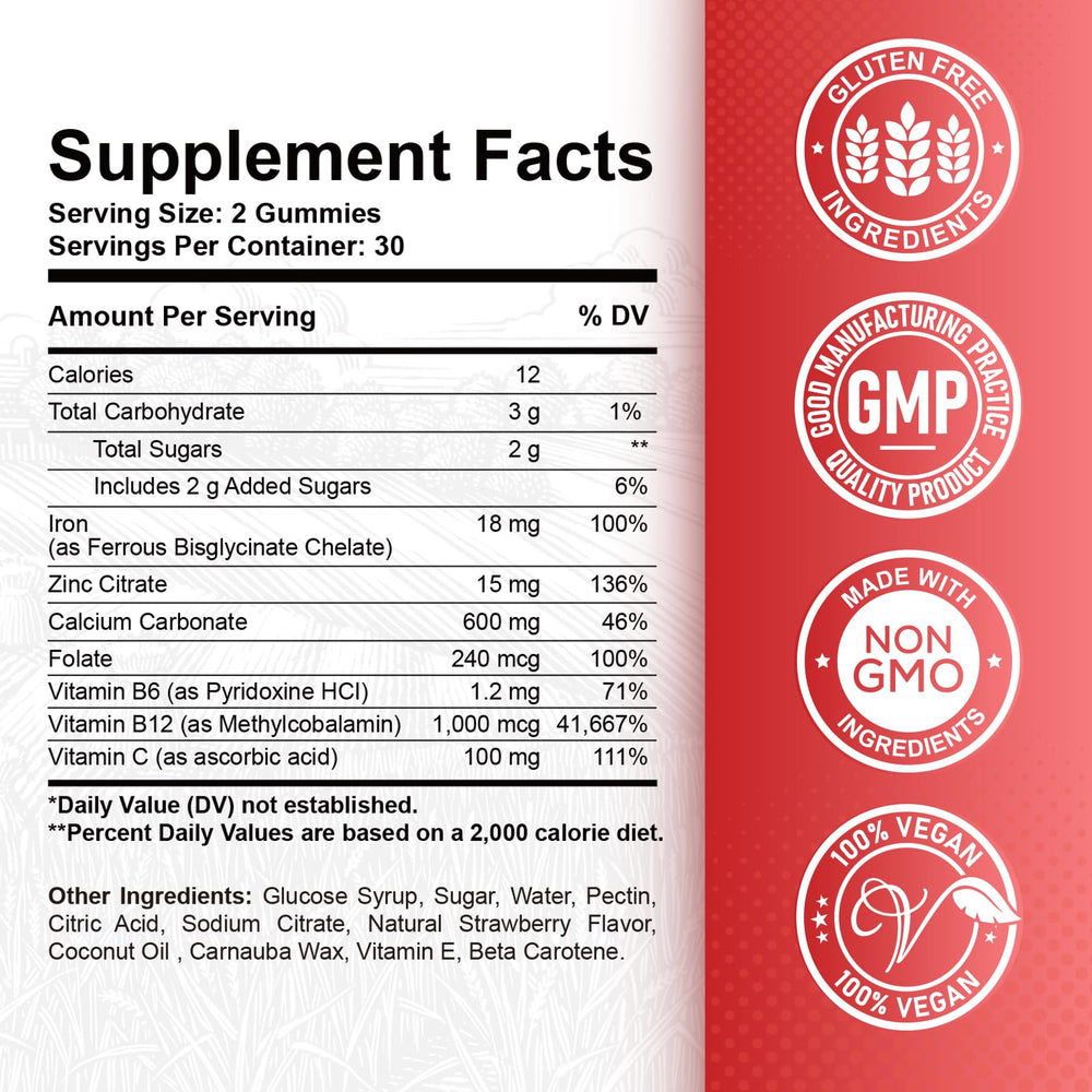 ReviNutra Iron Gummies packaging showcases vegan formula for daily use.