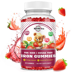 ReviNutra iron gummies for kids bottle front shows kid-friendly iron support.