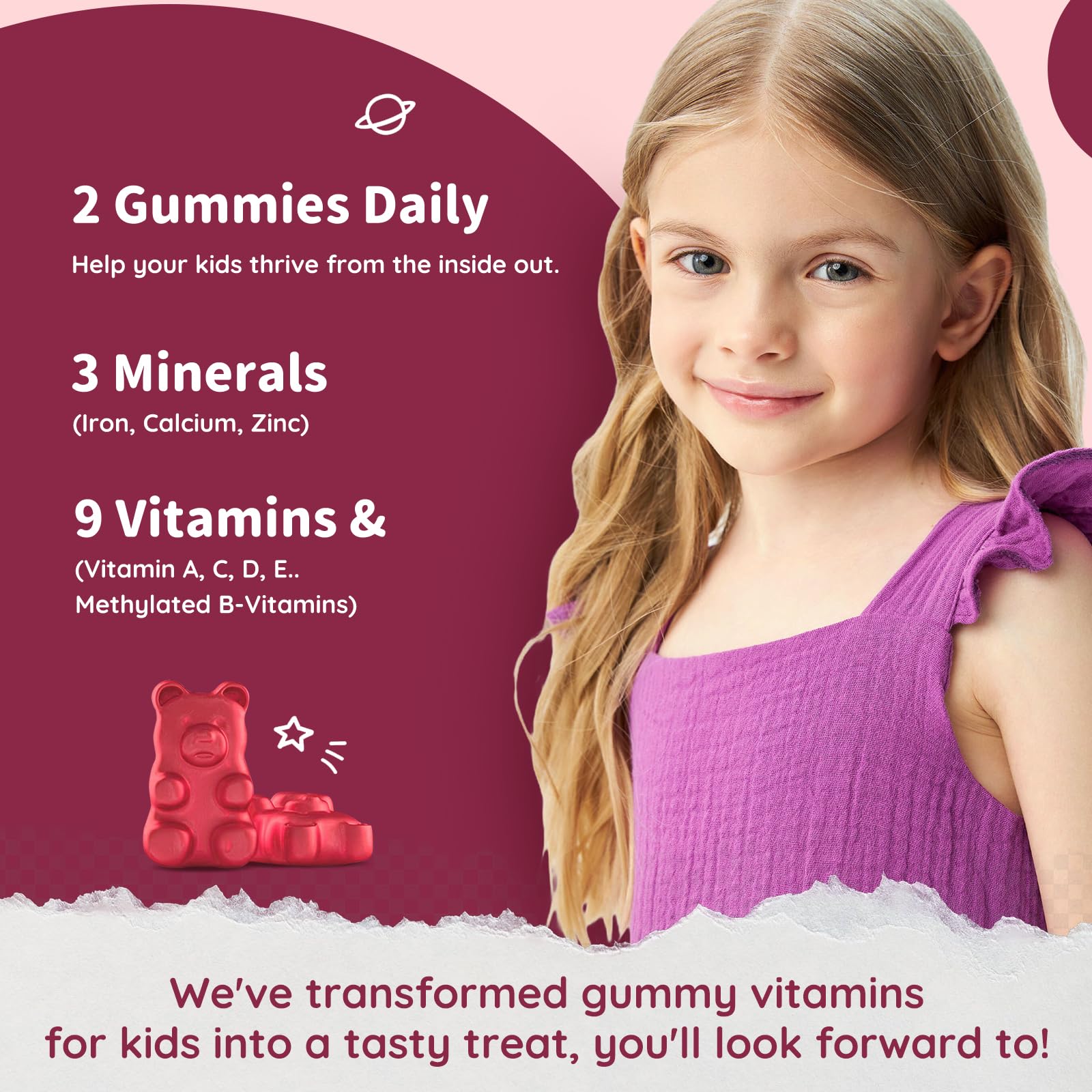 ReviNutra iron gummies kids bottle label with clear dosing and ingredients.