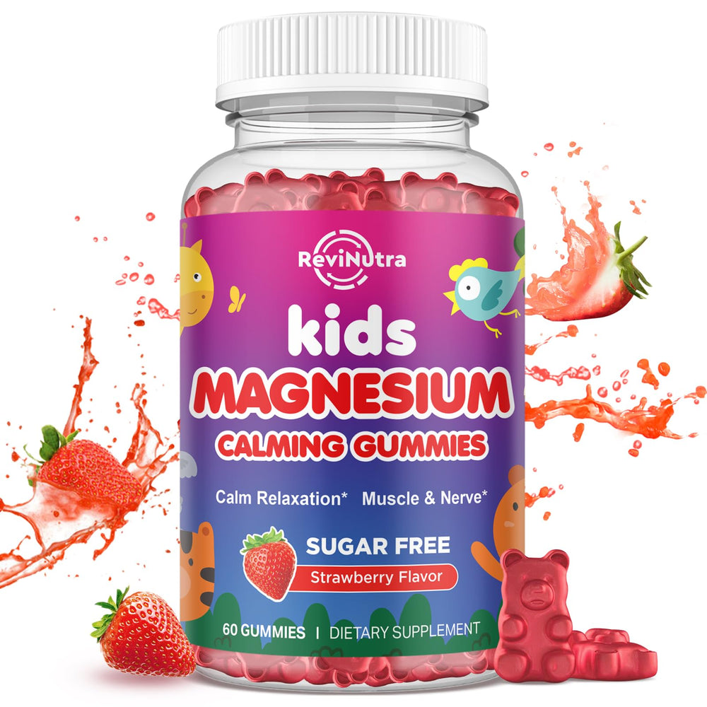ReviNutra Magnesium Gummies for Kids bottle front with strawberry flavor promoting daily calm