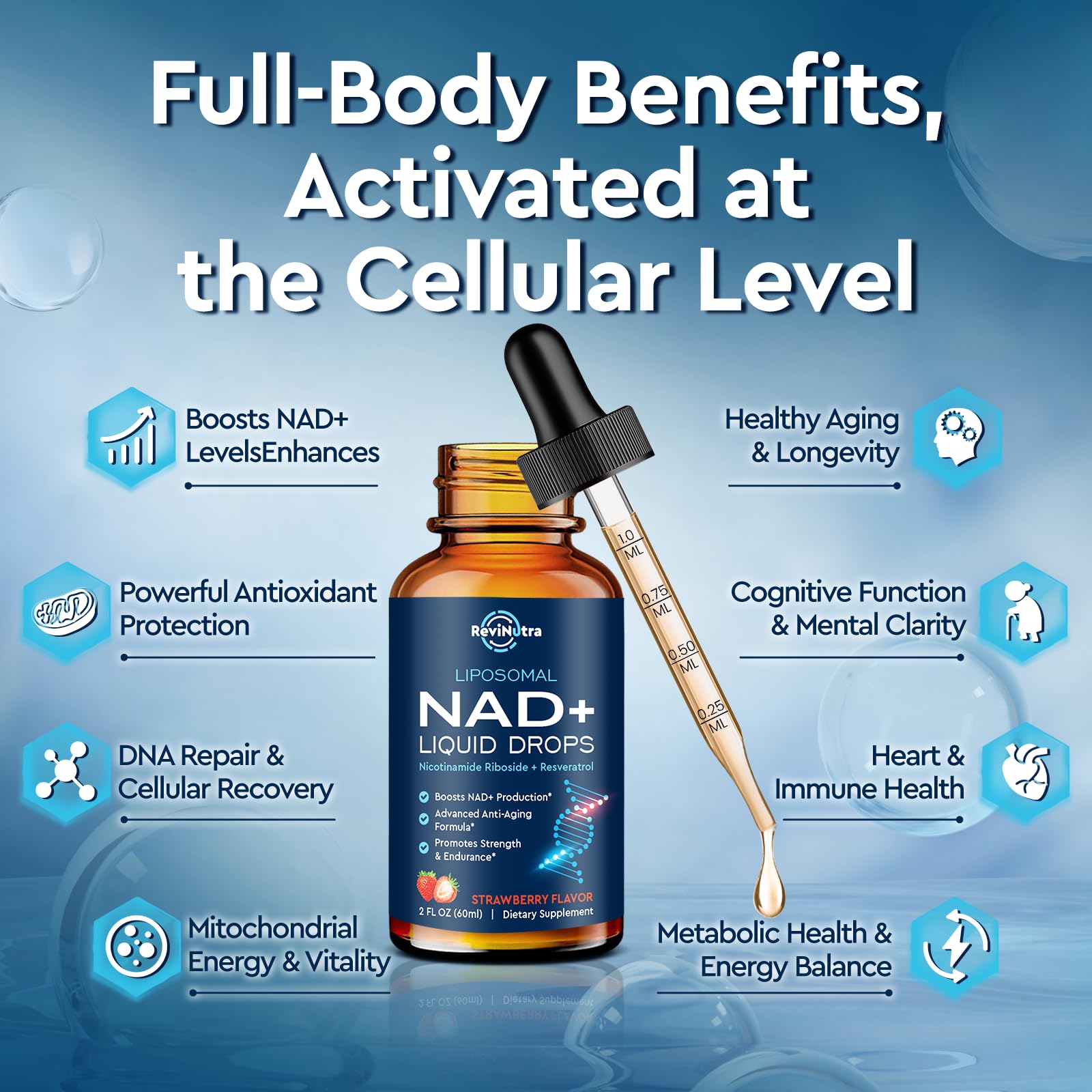 ReviNutra NAD+ bottle with dropper for easy daily use.