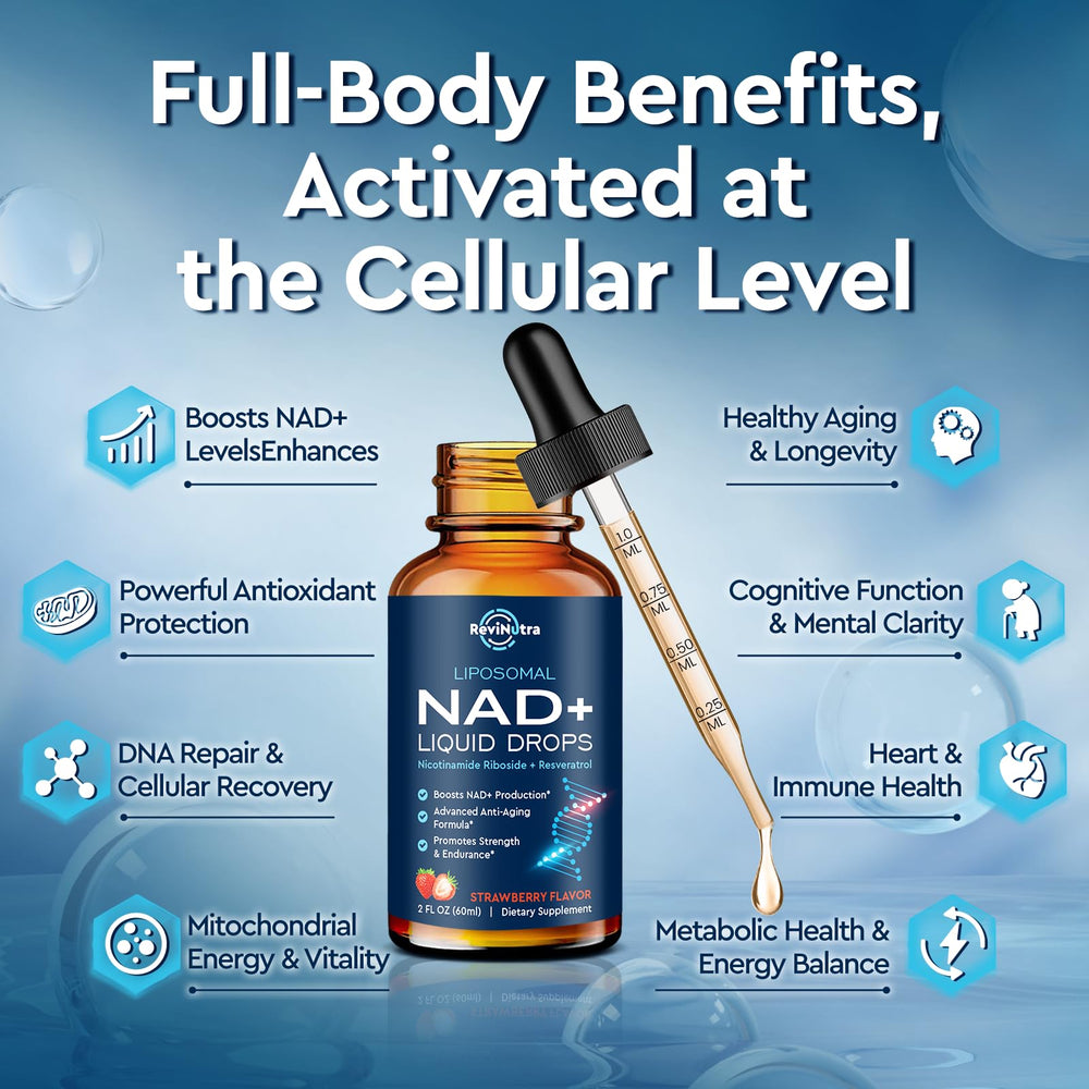 ReviNutra NAD+ bottle with dropper for easy daily use.