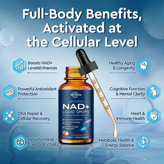 ReviNutra NAD+ bottle with dropper for easy daily use.