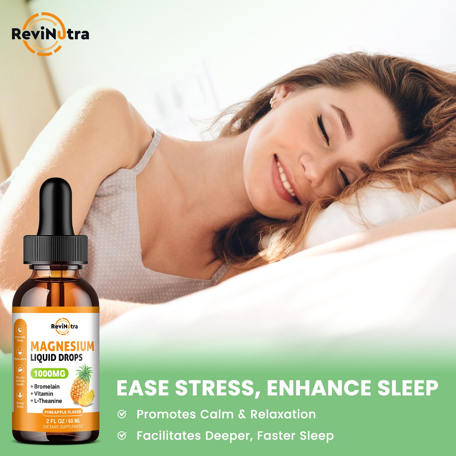 ReviNutra open bottle with dropper ready for on-the-go supplementation.