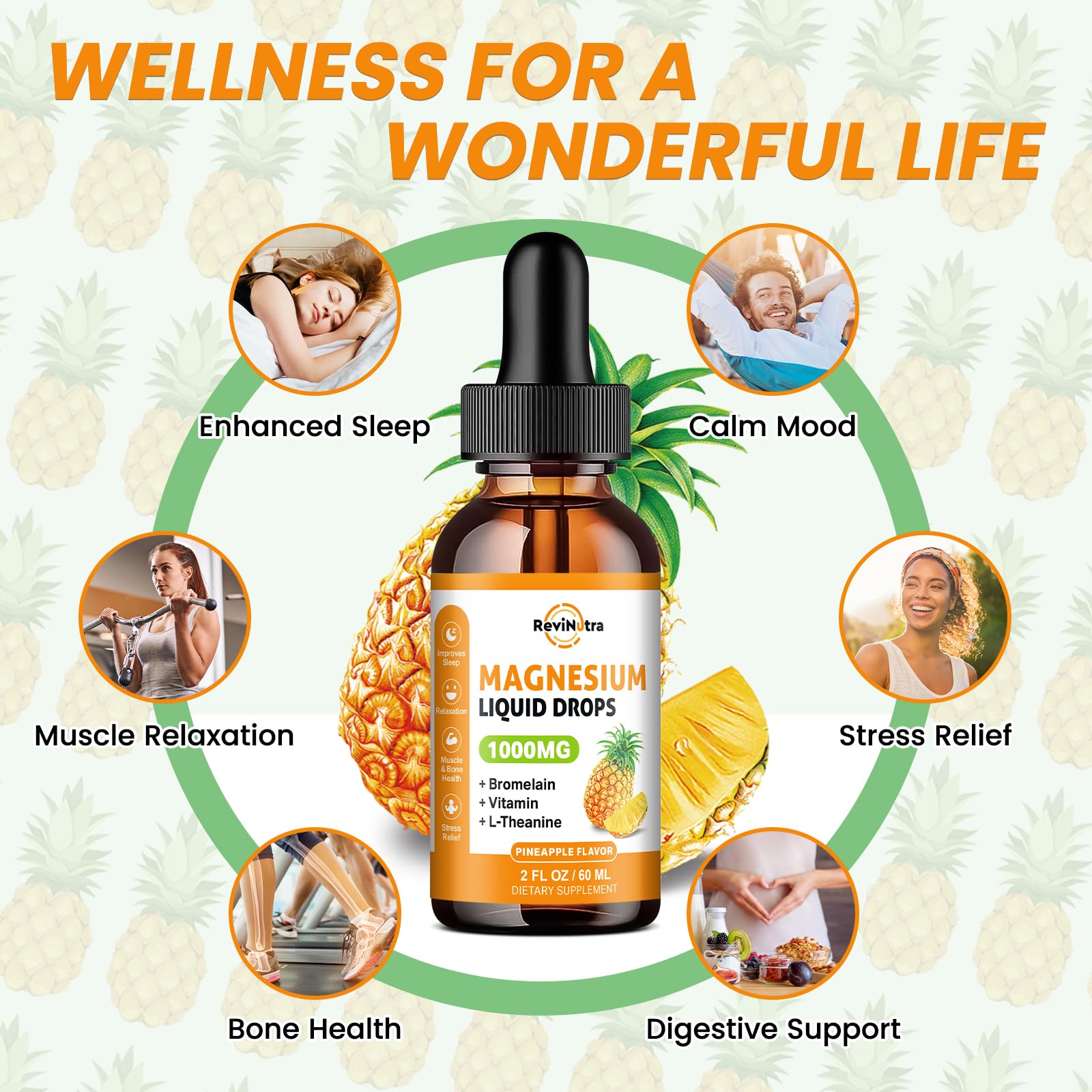 ReviNutra pineapple-flavored liquid drops offering sugar-free daily magnesium intake.