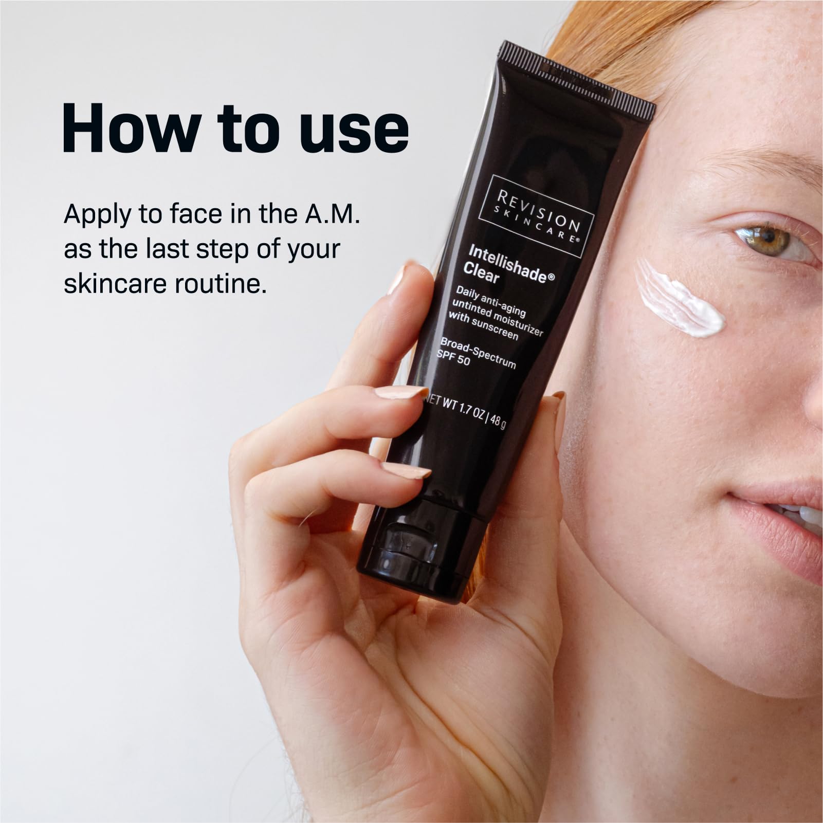 Revision Skincare Intellishade Clear SPF 50 application on hand highlights easy invisible protection.