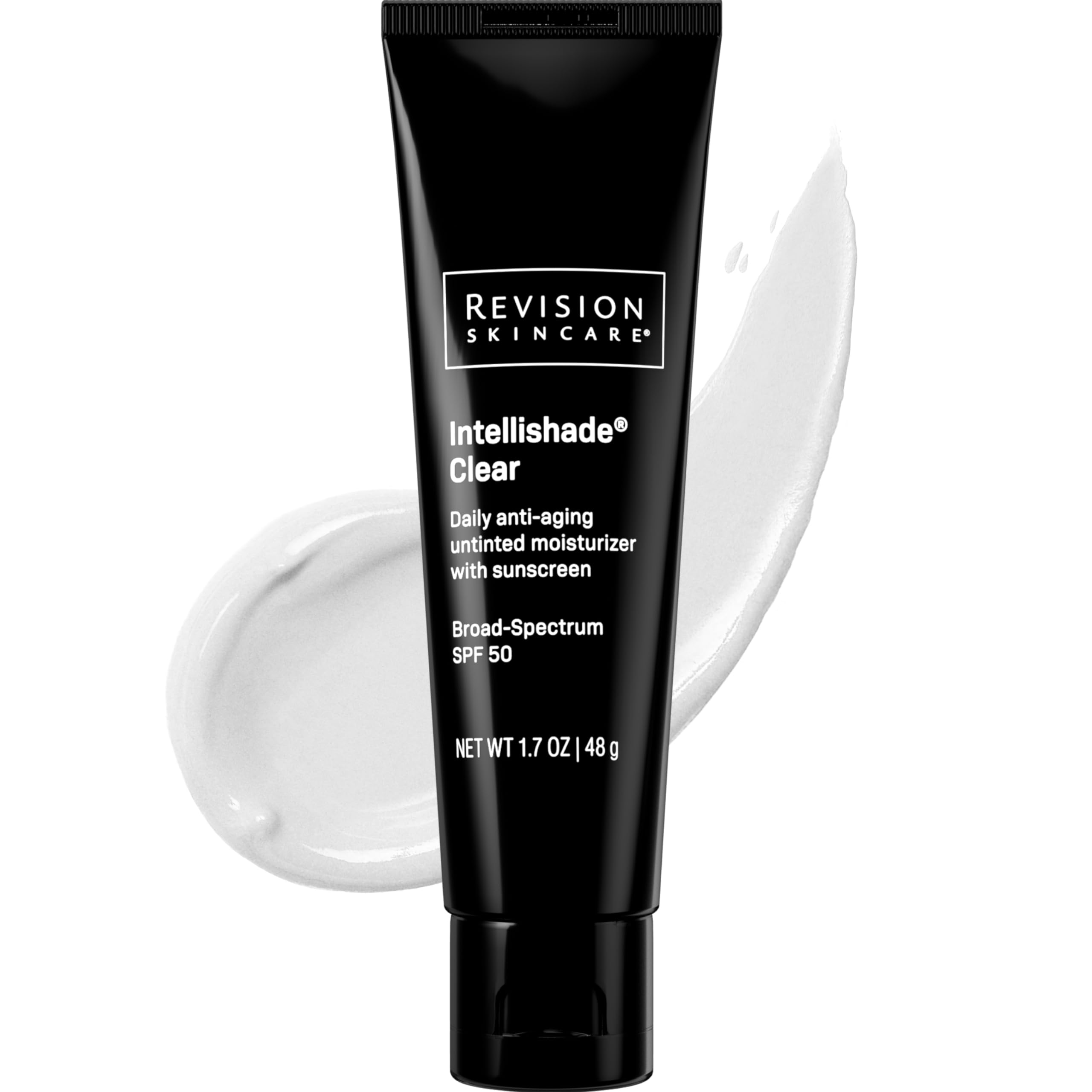 Revision Skincare Intellishade Clear SPF 50 tube front view for everyday protection and a weightless feel.