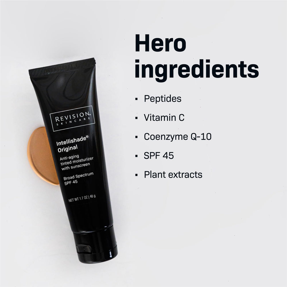 Intellishade Original SPF 45 packaging highlighting universal tint and sunscreen protection.