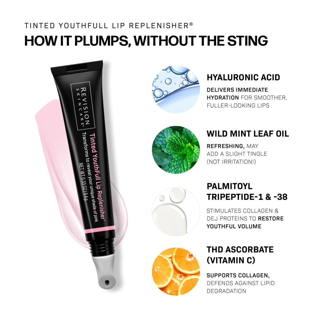 Revision Skincare Lip Replenisher on lips demonstrates smooth, tinted hydration