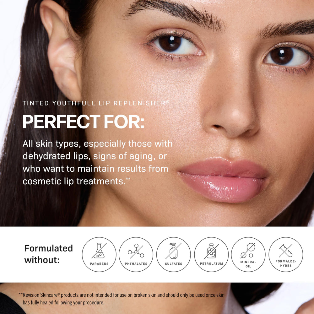 Revision Skincare packaging photographed beside lips to convey premium hydration