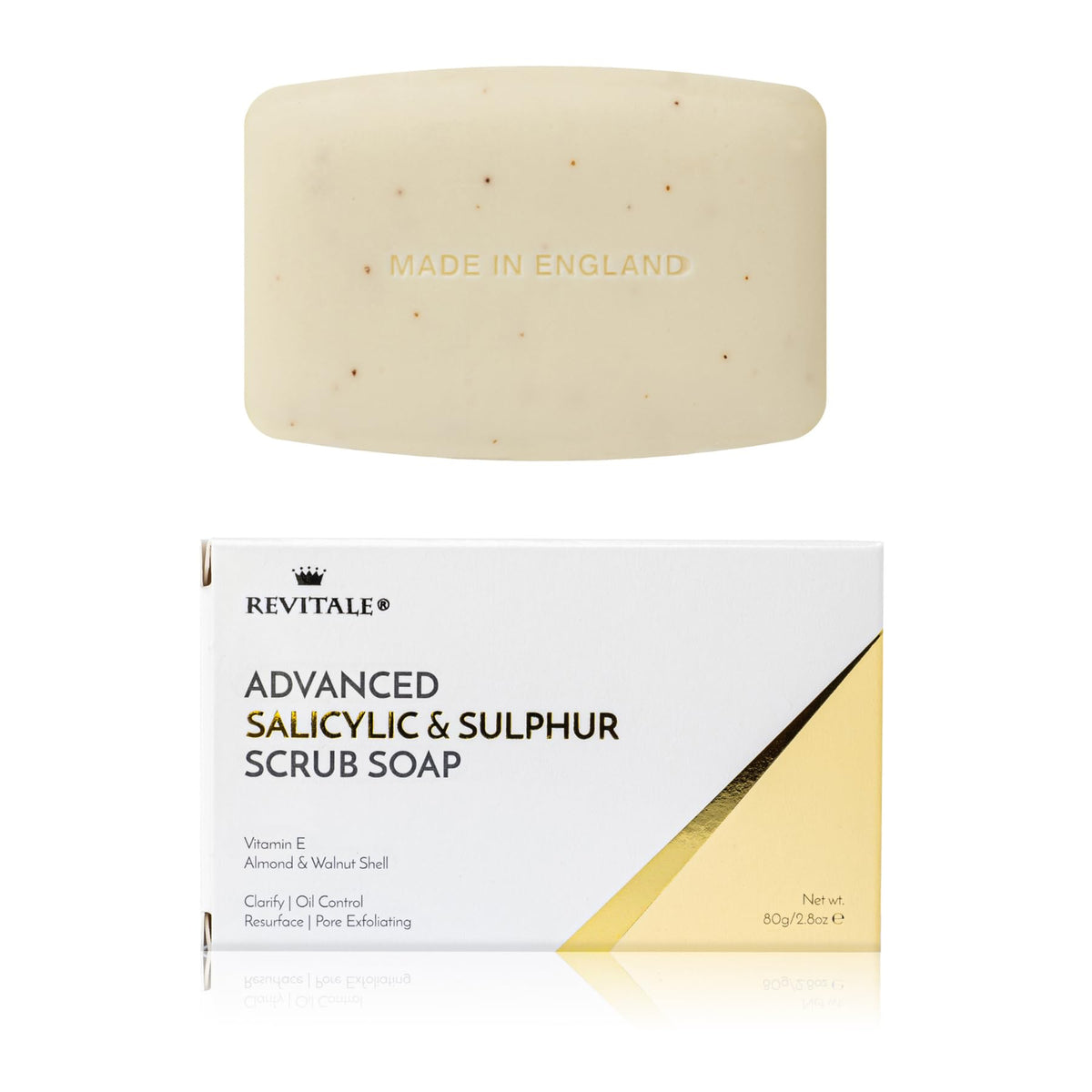 REVITALE Advanced BHA Scrub Bar close-up shows exfoliating texture for clearer skin