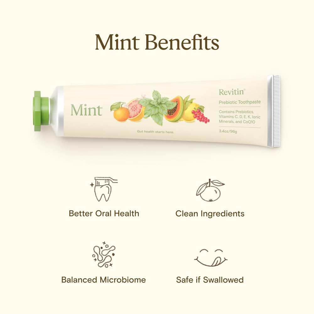 Revitin prebiotic ingredients bottle underscores gentle microflora support and nutrient-rich formula