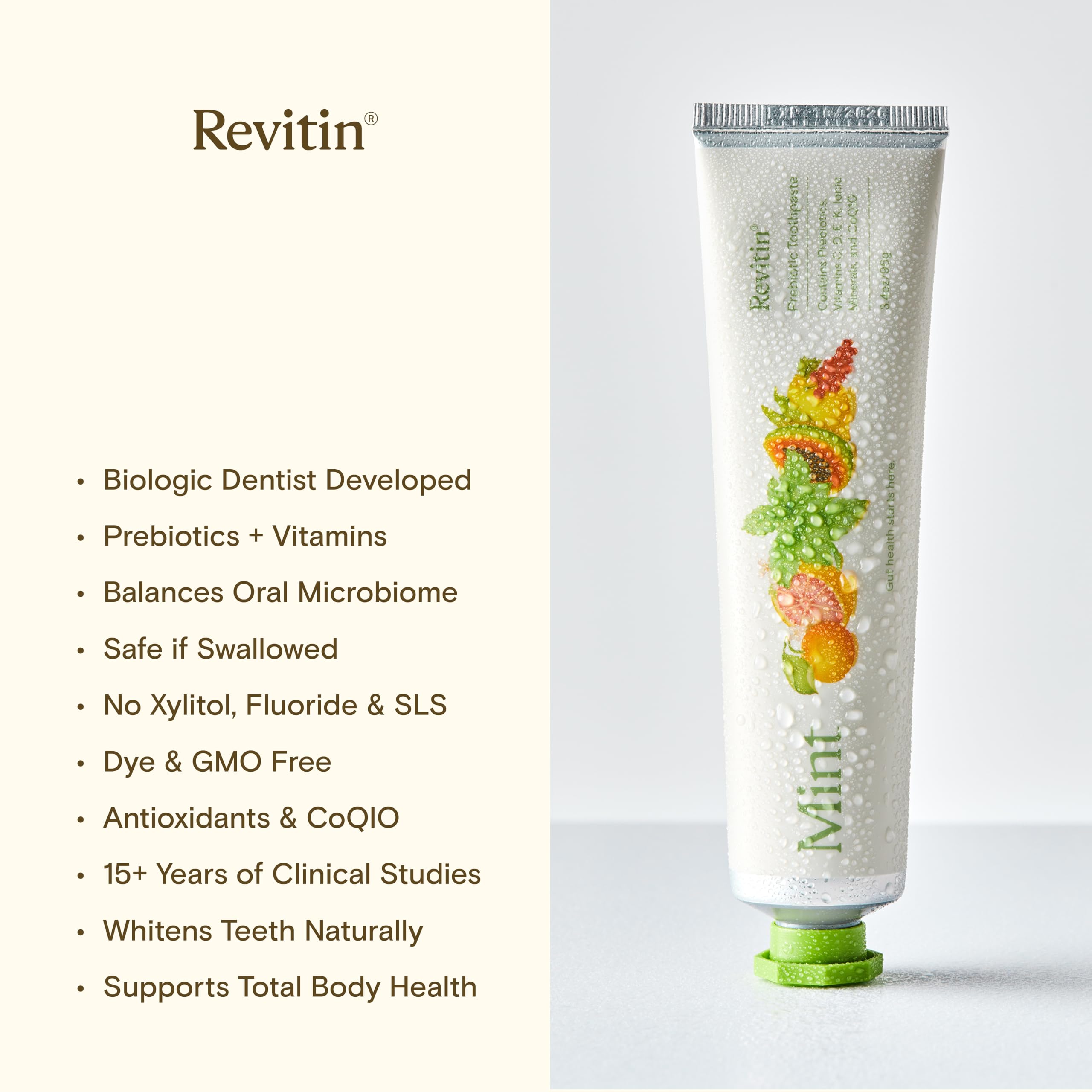 Revitin toothpaste gluten-free SLS-free label communicates gentle care for sensitive mouths