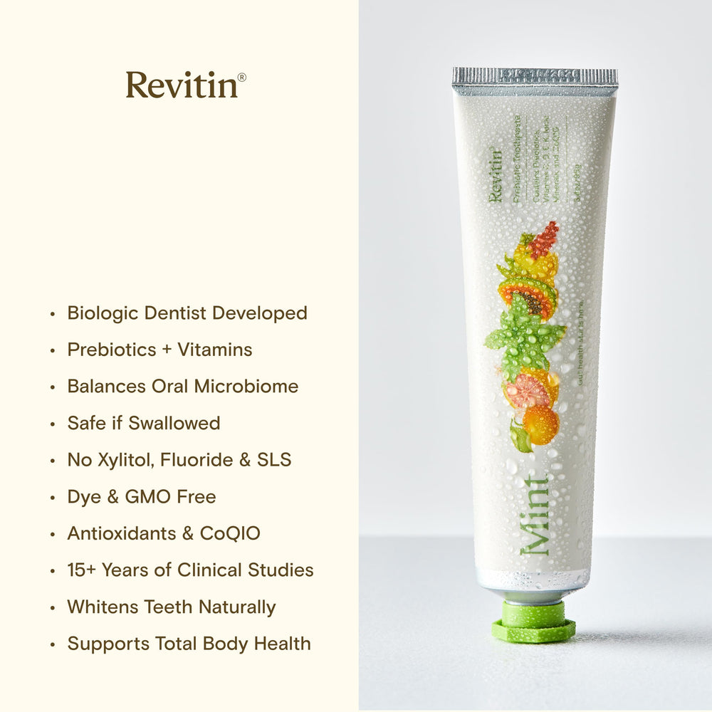 Revitin toothpaste gluten-free SLS-free label communicates gentle care for sensitive mouths