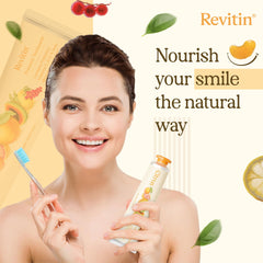 Close-up of Revitin label on tube emphasizes non-toxic and dye-free formula