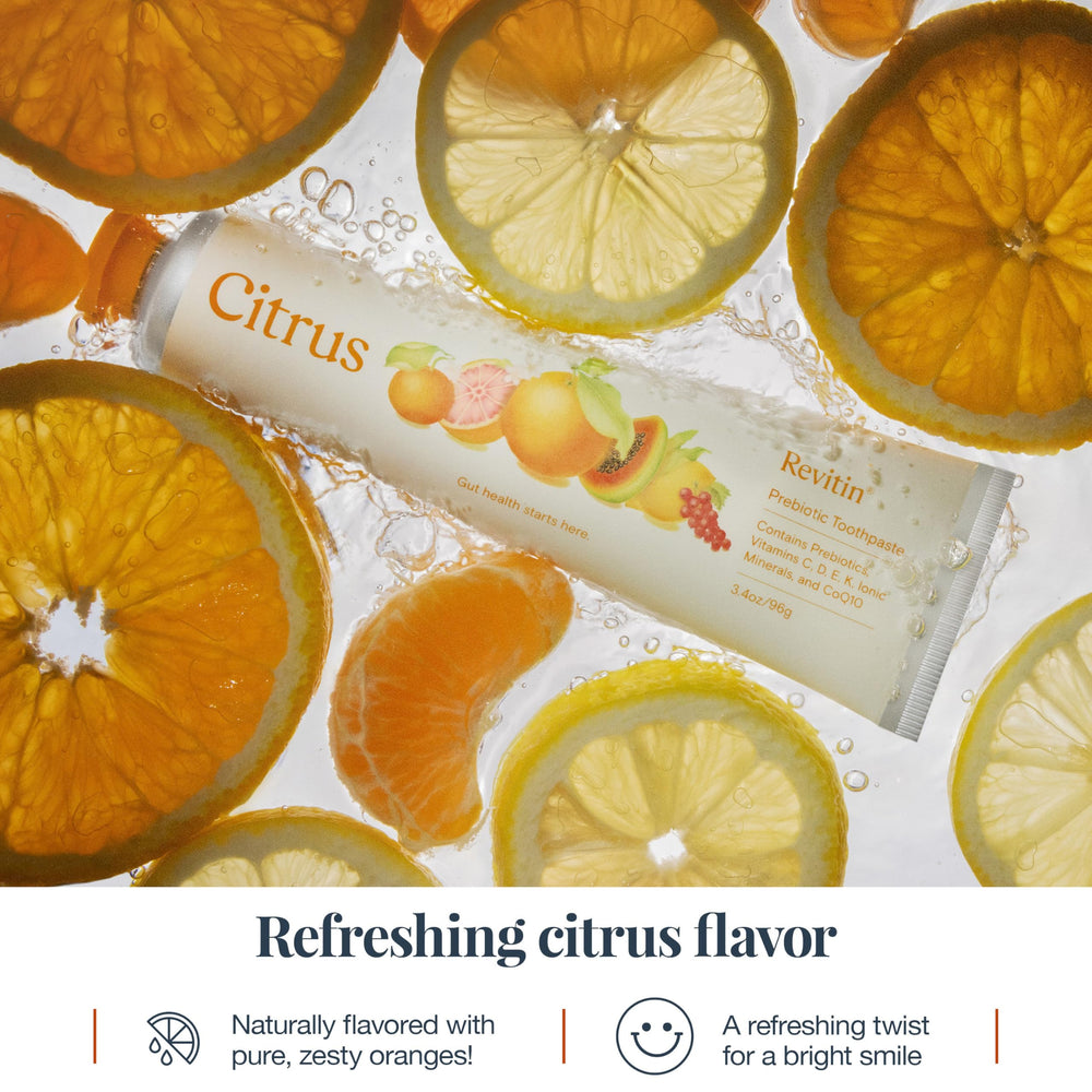 Revitin toothpaste with lemon leaves highlights natural citrus flavor