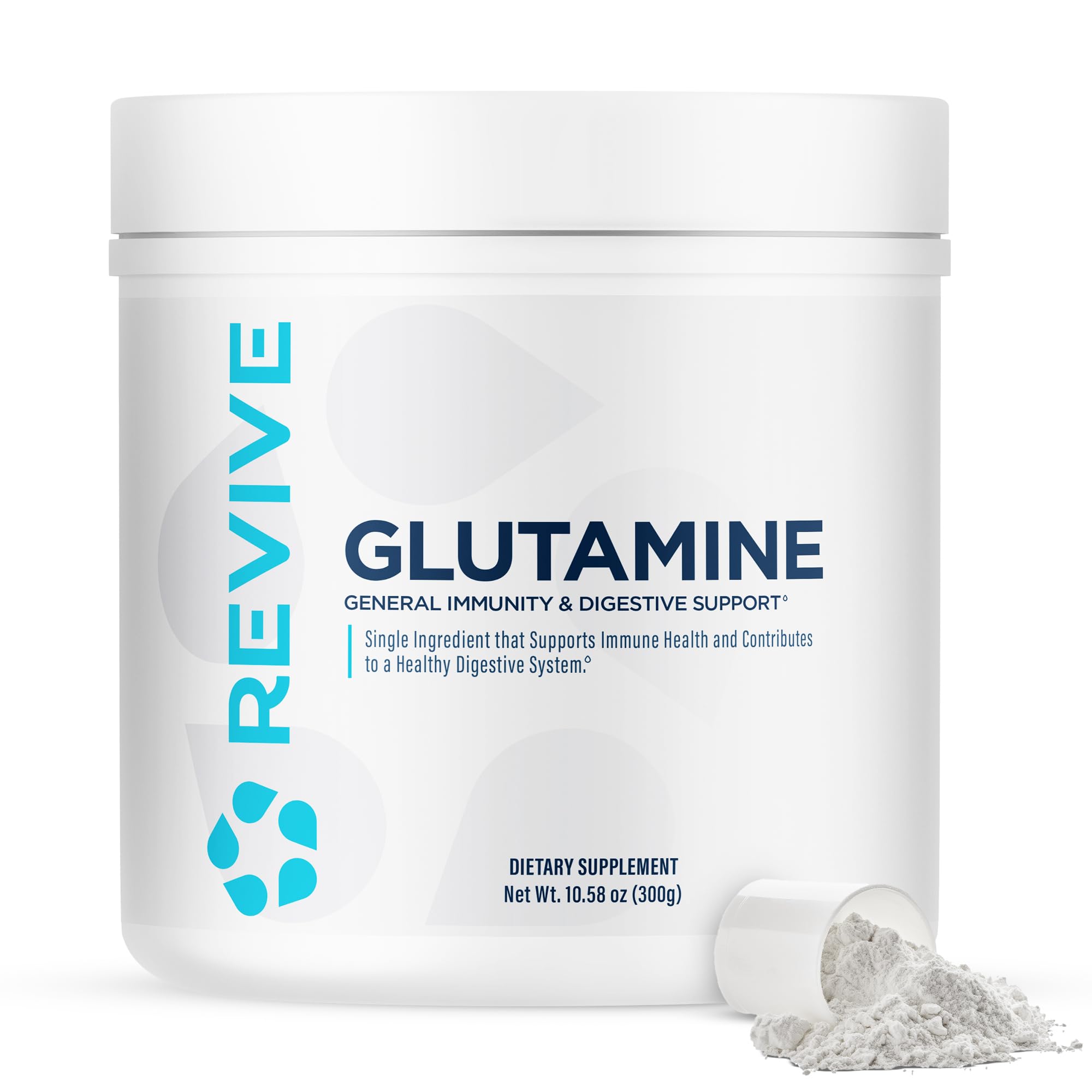 Revive MD Glutamine bottle on shelf, supports muscle recovery and immune health.
