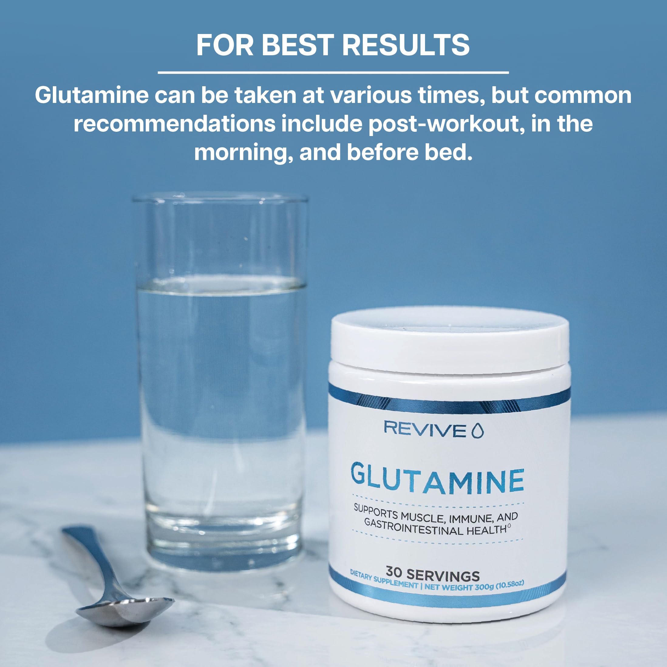 Revive MD Glutamine glass-jar display, vegan-friendly formula.
