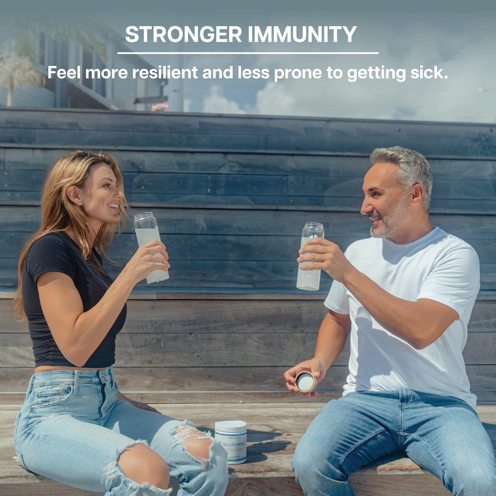 Revive MD Glutamine ingredients panel, vegan and soy-free claims visible.