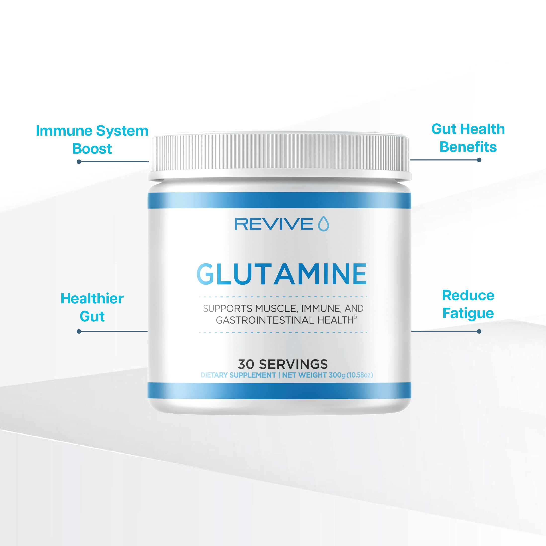 Revive MD Glutamine label close-up, purity and vegan formulation highlighted.
