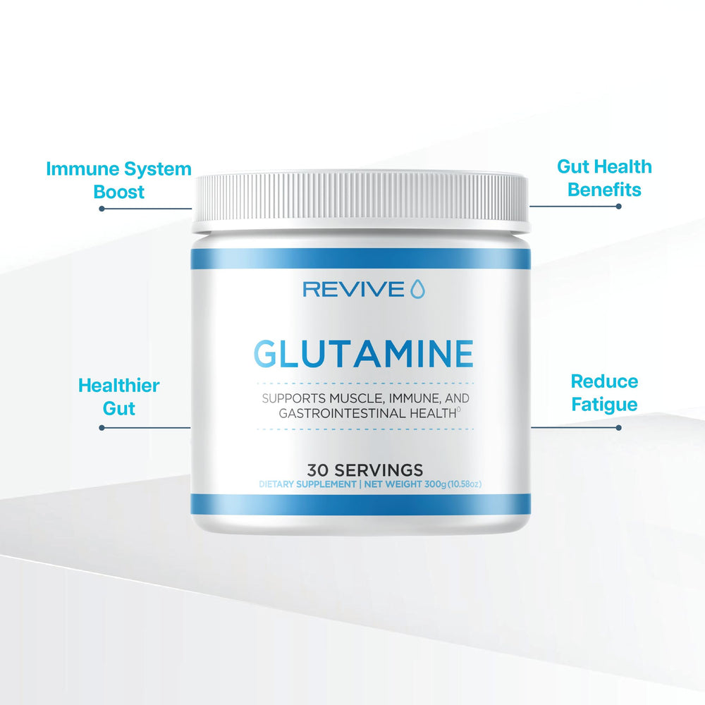 Revive MD Glutamine label close-up, purity and vegan formulation highlighted.