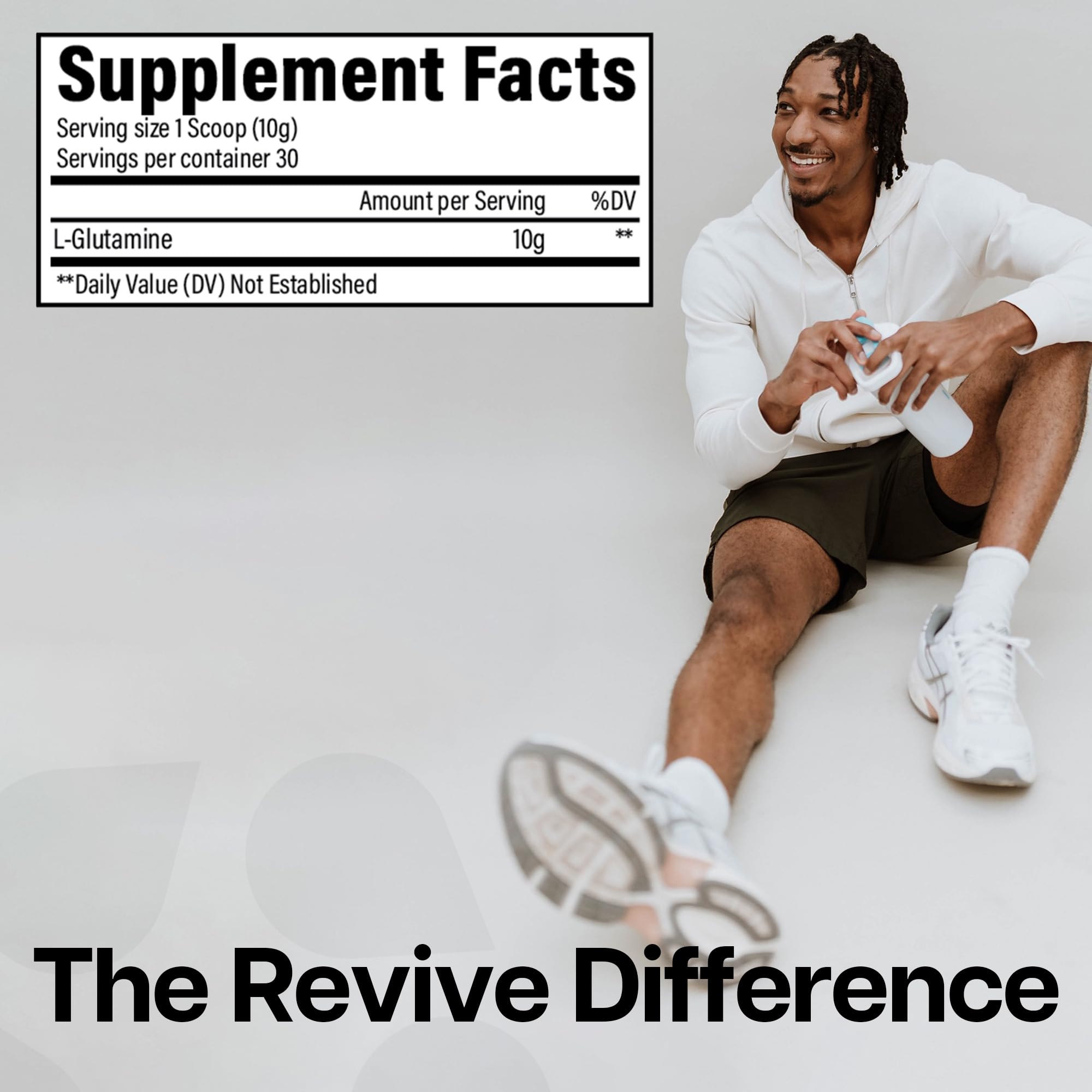 Revive MD Glutamine powder being poured, may support post-workout recovery.