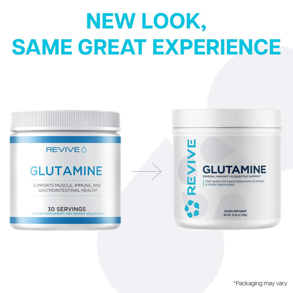 Revive MD Glutamine scoop beside bottle, easy daily serving.
