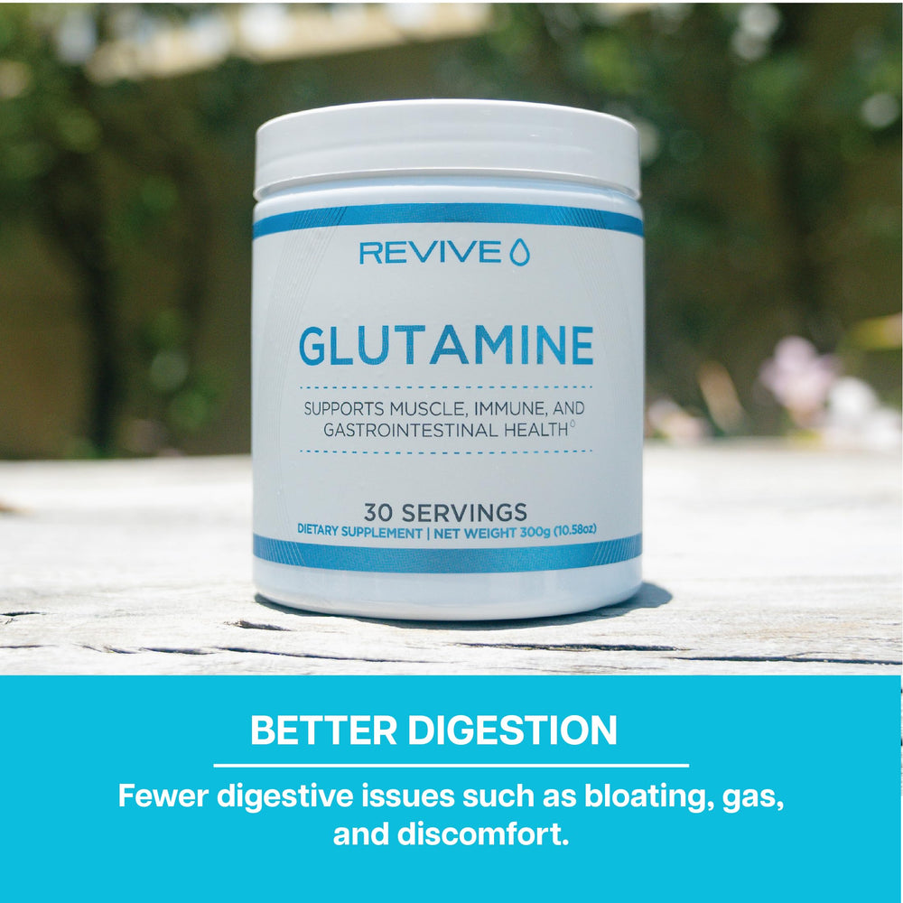 Revive MD Glutamine textured powder close-up, fine and easily mixed.