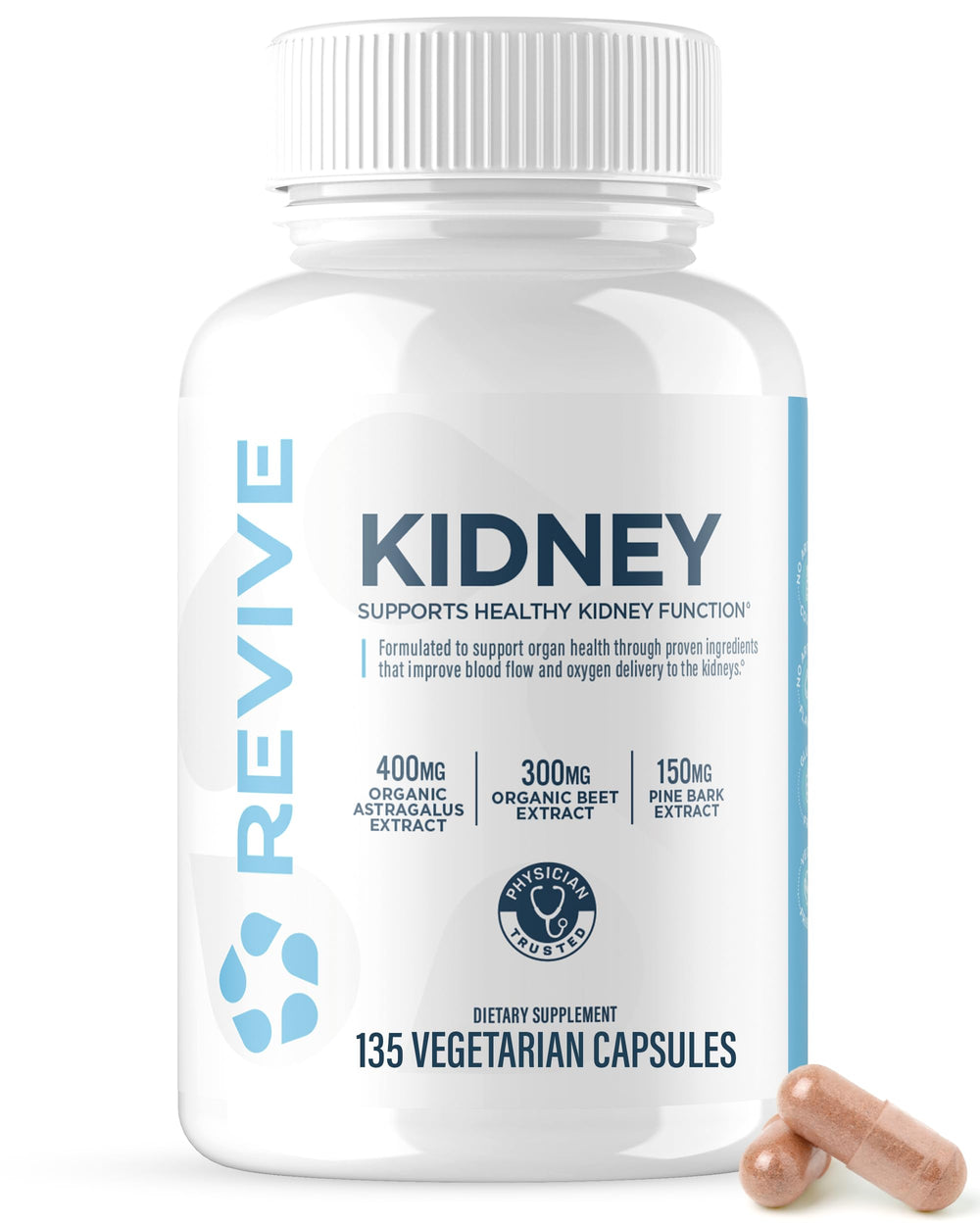 Revive MD Kidney Support bottle front showing vegan capsules for daily wellness