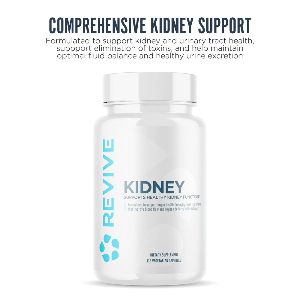 Revive MD Kidney Support capsules close-up highlighting natural ingredients