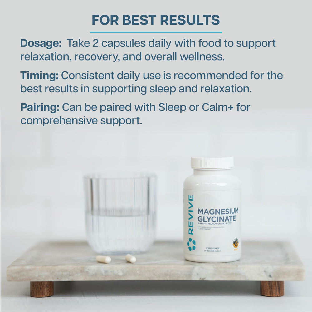 Revive MD Pure Magnesium Glycinate 200mg capsules close-up for daily calming support