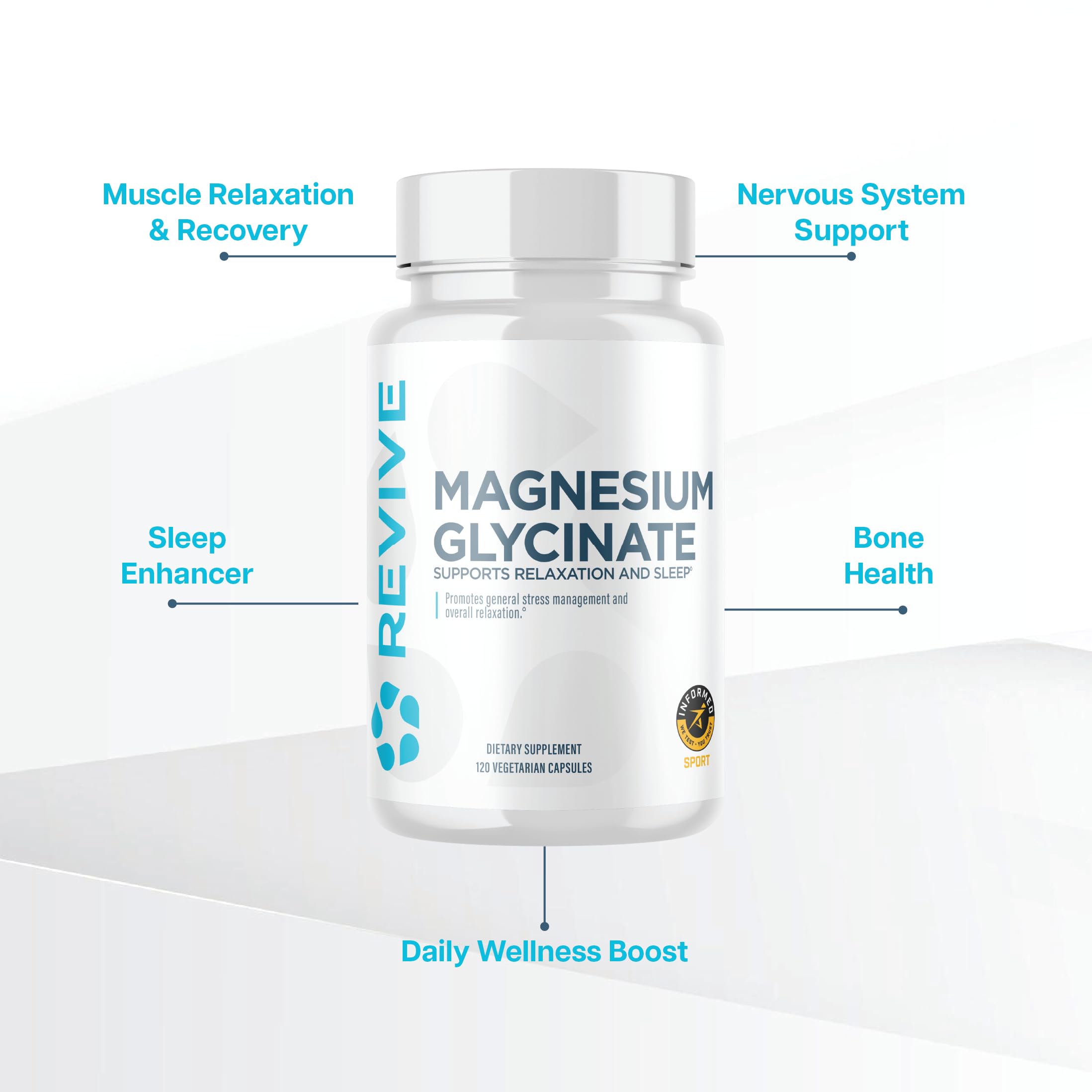 Revive MD Magnesium Glycinate bottle pouring capsules into hand for daily stress-relief potential