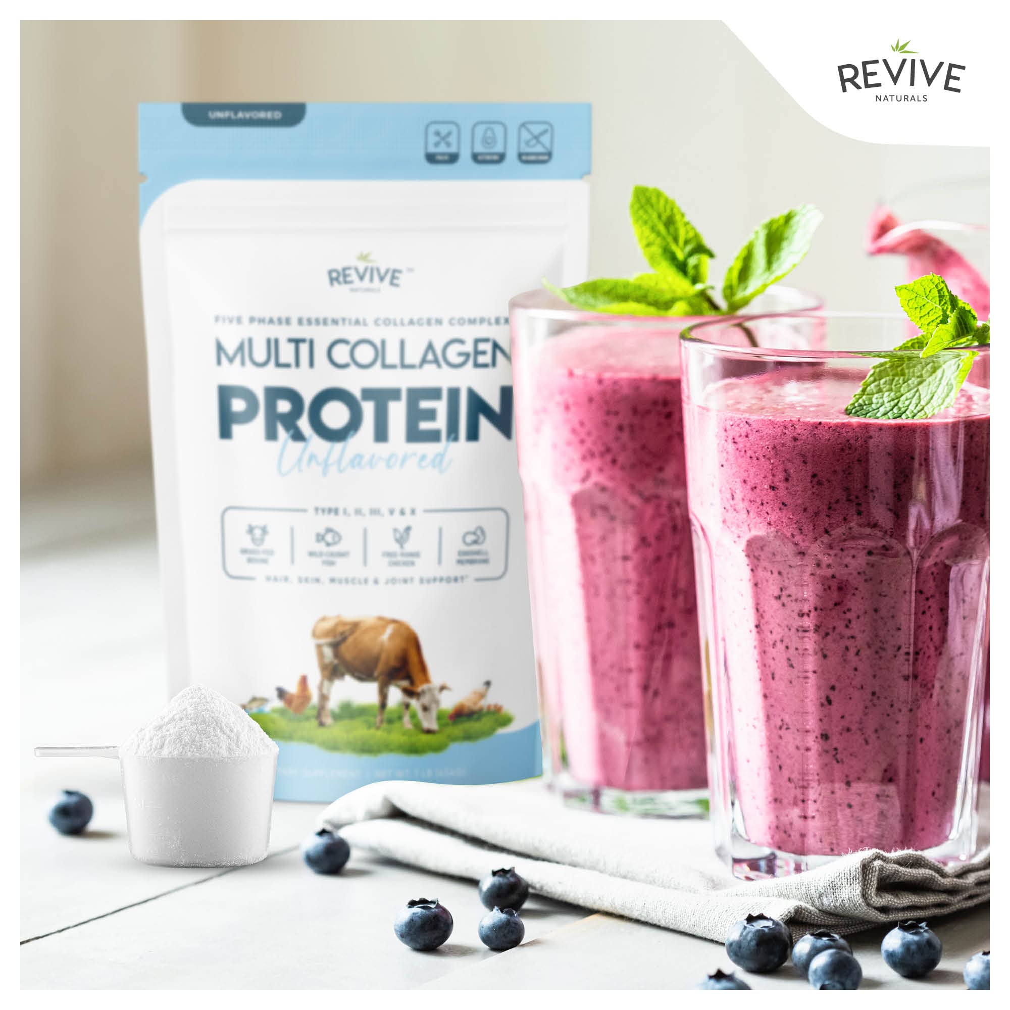 Revive Naturals sources montage showing grass-fed bovine, wild fish, free-range chicken, eggshell for collagen.