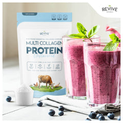 Revive Naturals sources montage showing grass-fed bovine, wild fish, free-range chicken, eggshell for collagen.