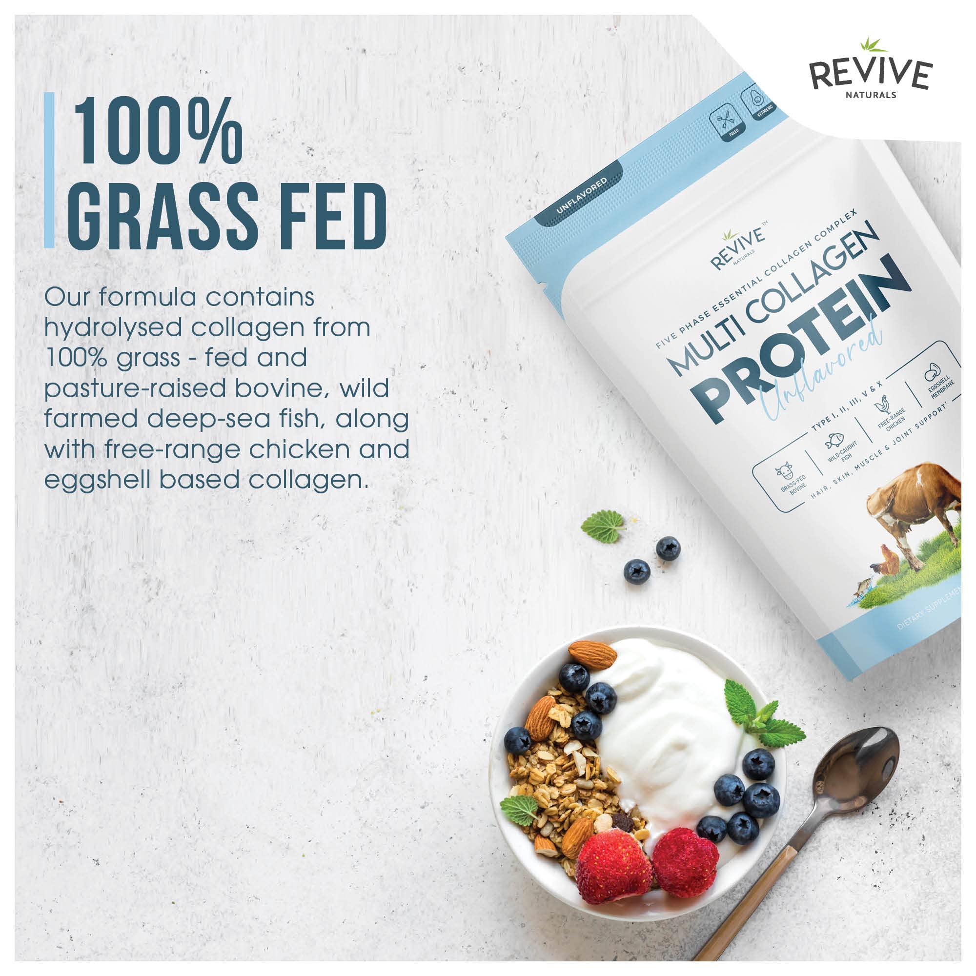 Revive Naturals product label close-up highlighting ingredients and sourcing.