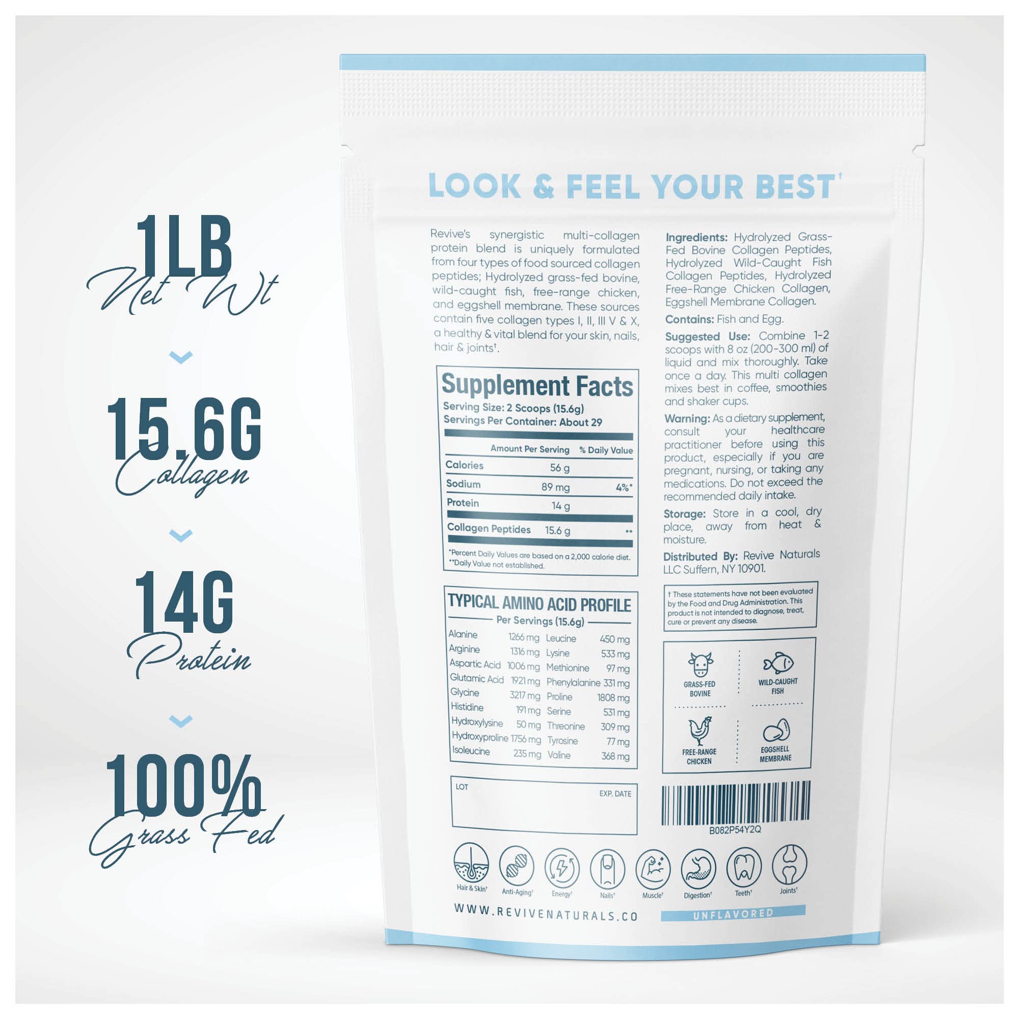 Revive Naturals powder scoop beside tub illustrating versatile mixability in beverages.