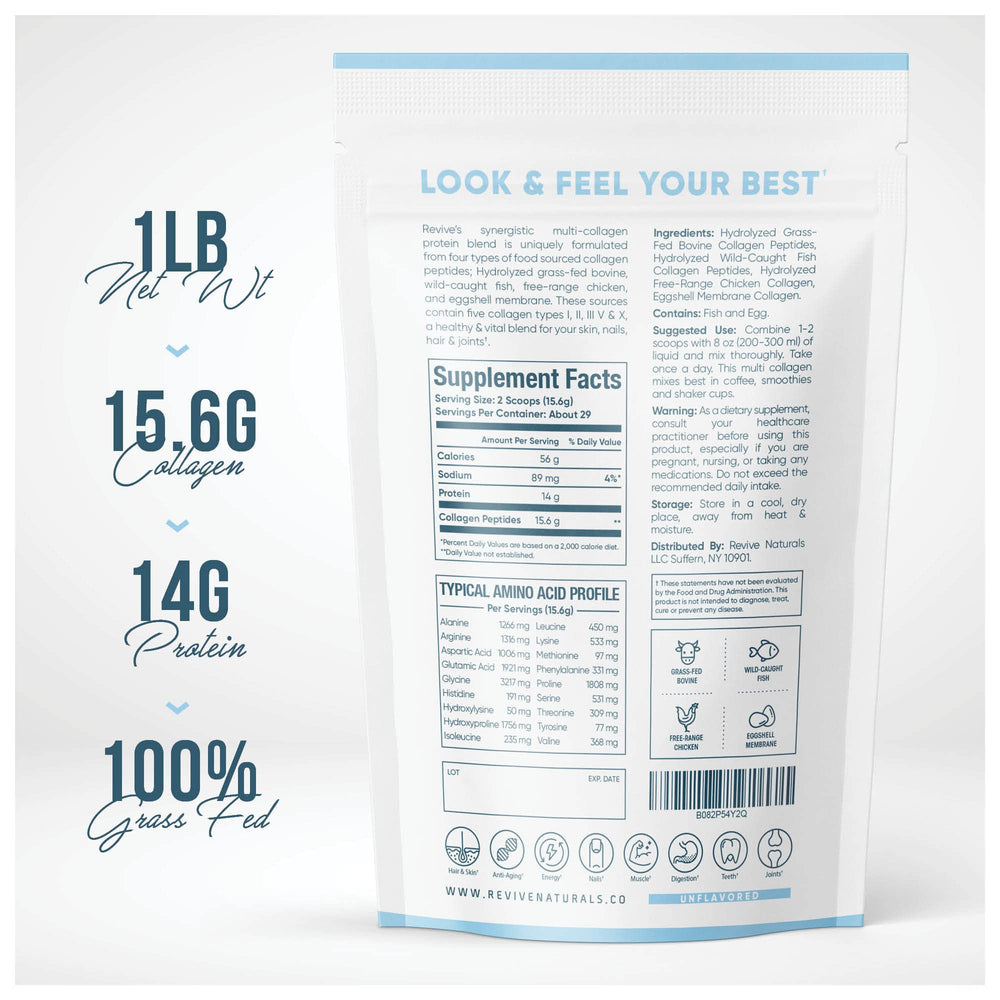 Revive Naturals powder scoop beside tub illustrating versatile mixability in beverages.