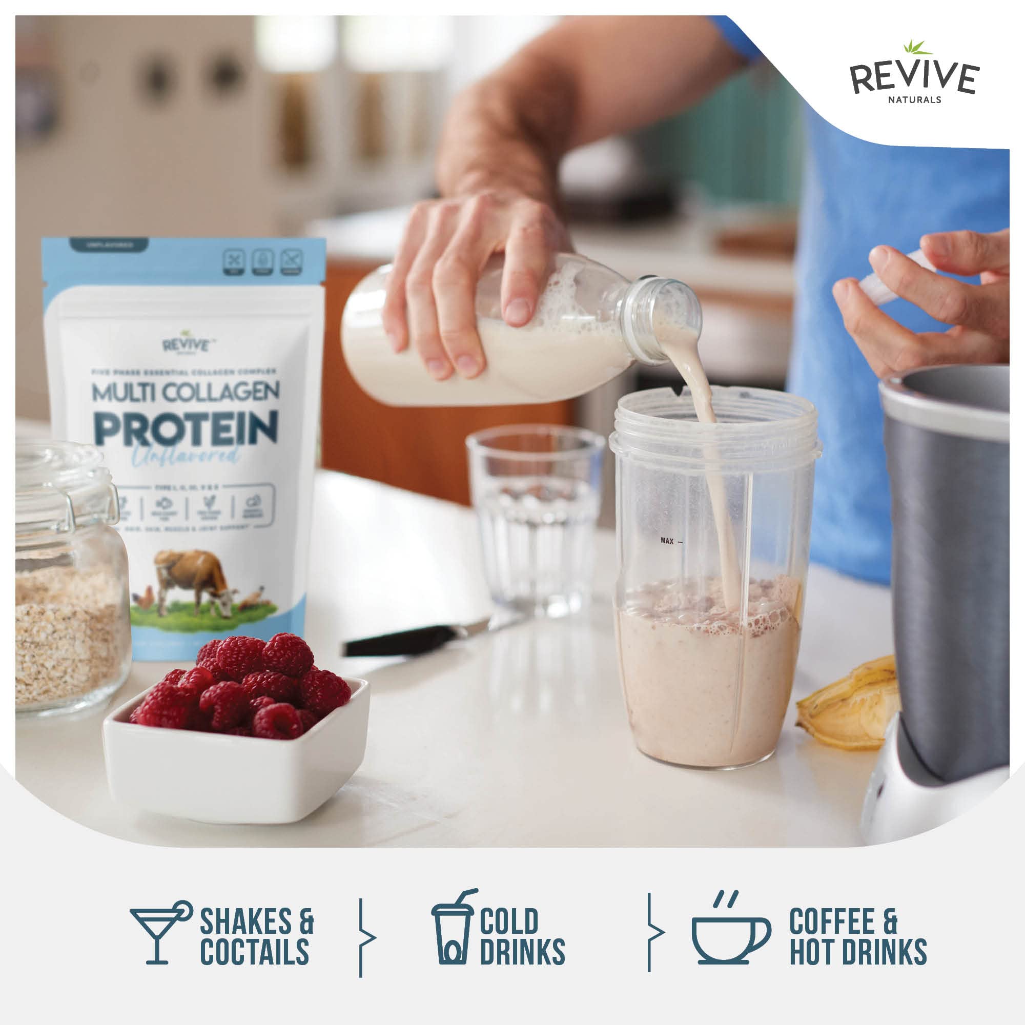 Revive Naturals powder being whisked in shaker cup for quick mixing.